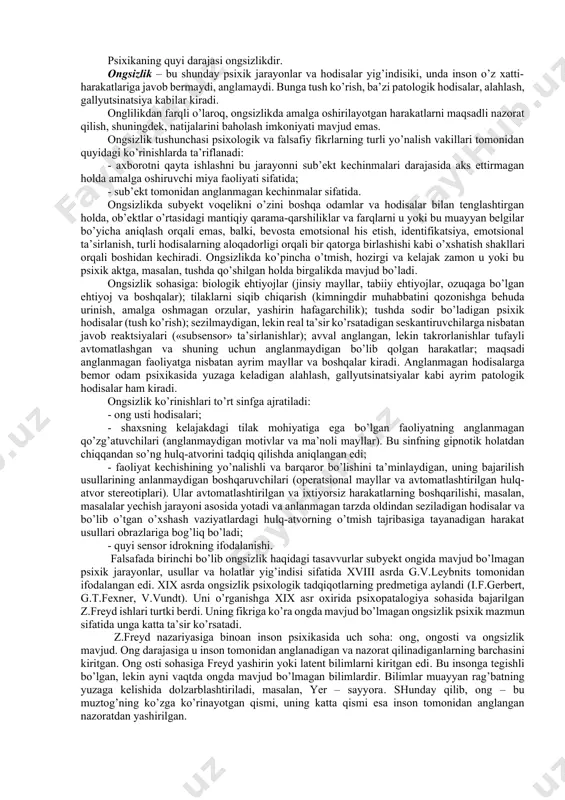 – shaxs ichki kommunikatsiyasi, insonning o’zi bilan bo’lgan muloqoti mexanizmi orqali amalga oshiriladidi. va bu shaxsning ichki dialogi ijtimoiy mezonlar bilan belgilanadi. voqeiy hodisalar ong orqali intentsional (lot.dan intentio – intilish) – har taraflama tanlagan holda inson amaliyotida tutgan o’rniga bog’liq ravishda aks ettiriladi. ong tafakkurga nisbatan kengroqdir. u o’zida psixik faoliyatning barcha shakllari: olamni hissiy aks ettirish, ilmiy bilish, psixik o’zini boshqarishning hissiy-iroda sohasining jamlangan, tashqi olamning birlashtirilgan, yaxlitlangan aksidir. shunday qilib, ong – psixik taraqqiyotning yuksak darajasi bo’lib, ob’ektiv reallikka nisbatan faqat insonga xos bo’lgan odamlar ijtimoiy-tarixiy faoliyatining umumiy shakllari vositasidagi ob’ektiv reallikka bo’lgan munosabatdan iborat. amaliy nuqtai nazar bo’yicha ong sub’ekt ichki olamining bevosita ko’z oldidagi sezgi va aqliy obrazlarining uzluksiz o’zgaruvchi yig’indisi sifatida namoyon bo’ladi. ong qator protsessual va mazmundor xususiyatlarga ega. u faollik, ya’ni, individning voqelik bilan hayotiy muhim aloqalarini ta’minlovchi dinamika, intentsionallik – jismga yo’nalganlik; ko’p tomonlama mustaqillilik – insonning asosan ichki o’lchov va …