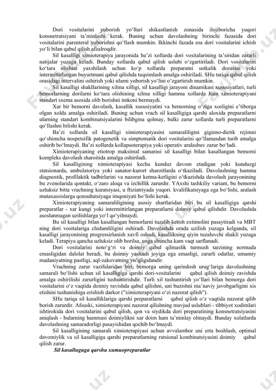 kmlik; 5) davolashni nazoram qulish; davolashning samaraliligini sezilarli darajada ko‘tarish sil kasalligini o‘z vaqtida diagnostika qilish, o‘pka va boshqa a’zolarning morfologik o‘zgarishini rivojlanishini oldini oluvchi ximioterapiyani boshlashdan iborat. sil kasalligi bilan kasallangan bemorlarni puxta va qisman tez davolash, kasallik aniqlangandan keyin darxol davolashni erta boshlash bilan amalga oshiriladi. davolashning davomiyligi yaxshi samara beradi. xaddan tashkari qisqa kurs yoki ximioterapiyadan erta bosh tortish, puxta klinik samaraga erishilishini keltirib chikaradi. buning natijasida kasallikning zo‘rayishiga va sil kasalligi jarayonining progressirlanishi yuzaga keladi. shu tariqa xaddan tashqari ximiopreparatlarini uzoq qabul qilish oqlanmagan. u zararli reaksiyalar xavfi ostida bo‘lib, bemor organizmida to‘qima metabolizmi buzilishini keltirib chiqaradi va mbt dori vositalariga sezuvchanligini sekin astalik bilan pasaytirib boradi. sil kasalligi bilan kasallangan bemorning xolati bir necha xaftalik davolashdan so‘ng yaxshilanib borishi mumkin. bund yaxshilanish ba’zi xolatlarda davolanishni davom ettirishga xojat yo‘q ma’nosida, dori vositalarini qabul qilishni to‘xtatib qo‘yishga sabab bo‘lishi mumkin. bunday xolatlarni oldini olish maqsadida, sil …