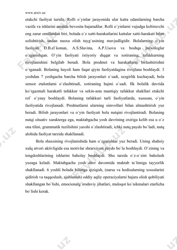 rsa va hodisalarning xossalarini qidirish va taqqoslash, ajablanish) oddiy aqliy operaciyalarni bajara olish qobiliyati shakllangan bo`lishi, emocionalg`irodaviy jihatlari, muloqot ko`nikmalari etarlicha bo`lishi kerak. adabiyotlar: 1. i.a.karimov. «barkamol avlod- o`zbekiston taraqqiyotining poydevori». toshkent. 1997. 2. e.g`oziev. «psixologiya». toshkent. «o`qituvchi». 1994. 3. e.g`oziev. «pedagogik psixologiya asoslari». toshkent. 1997. 4. m.vohidov. «bolalar psixologiyasi». toshkent. 1982. 5. muxina v.s. “detskaya psixologiya”. m: 1985 6. leshli dj. “kak rabotat` s malen`kimi det`mi”. m: 1991 7. muxina v.s. “shestiletnoy rebenok v shkole”. m: 1986 8. rogov e.i. “nastol`naya kniga prakticheskogo psixologiya v obrazovanii”. m: 1996 9. www.ziyonet.uz
