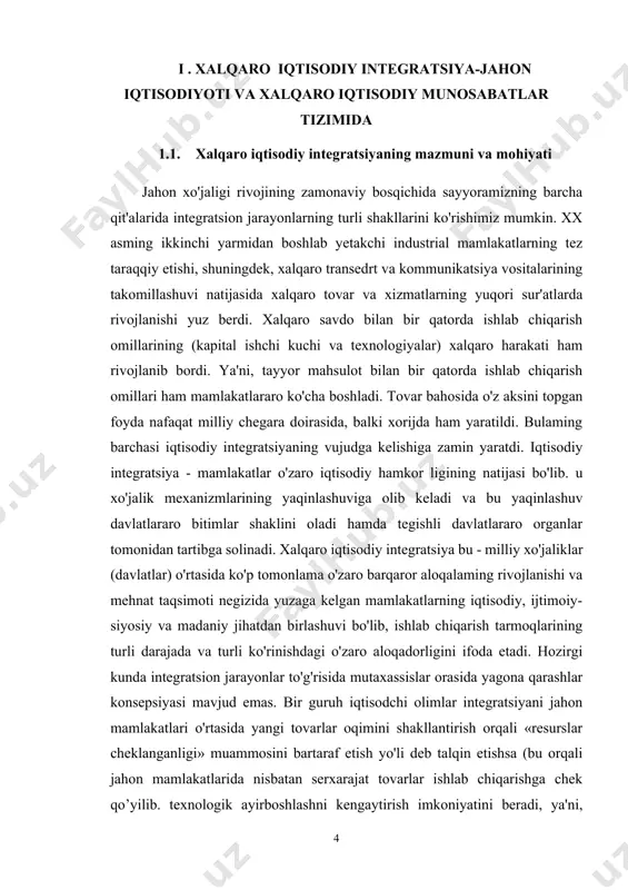 boshqa bir guruh olimlar integratsiyani talab etuvchi dastlabki turtki sifatida noiqti-sodiy omillarni ilgari suradi (masalan, mamlakat mudofaa qobiliyatini mustahkamlash va boshqalar). uchinchi bir guruh iqtisodchilar esa integratsiya bu - ishlab chiqarishning barqaror o'sishi. ijtimoiy-iqtisodiy va siyosiy barqarorlik kabi maqsadlarga yengilroq va tezroq erishish imkoniyatini beradi deb hisoblashadi. xullas, u yoki bu nazariy yondashuvlami urnumlashtirgan holda shuni qayd etib o'tish kerakki. integratsiya bu - hududiy miqyosda sifat jihatidan yangi iqtisodiy muhitni yaratish yo'li orqali milliy xo'jalik komplekslarining o'zaro yaqinlashishi va bir-biriga kirib borishi jarayonidir. jahon iqtisodiyoti va xalqaro iqtisodiy munosabatlar tizimida integratsion jarayonlar asosan ikki darajada (mikro - transmilliy korporatsiyalarning tashkil etilishi orqali, makro – iqtisodiy siyosatni davlatlararo muvofiqlashtirish siyosati orqali) amalga oshiriladi. mikro darajadagi integratsion jarayonlar bir-biriga hududiy jihatdan yaqin joylashgan mamlakatlarning xo'jalik yurituvchi subyektlari kapitallarining o'zaro ta'sir doirasi orqali amalga oshiriladi. ya 'ni, ushbu davlatlar o’rtasida integratsion jarayonlar iqtisodiy bitimlar tizimining shakllanishi. kichik shoxobchalar, shu'ba korxonalar tashkil etilishi orqali …