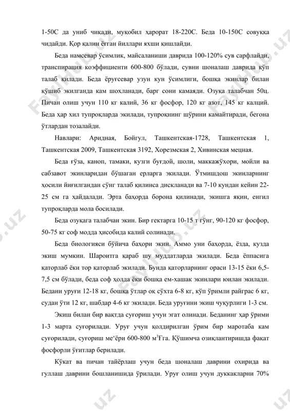 акларни 70% етилганда ўрилади ва хирмонда қуритилиб, янчилади. сақланадиган уруғнинг намлиги 13% дан ошмаслиги лозим. қизил себарга ва баргак кўп йиллик дуккакли ўтлар бўлиб, бу экинлардан кўкат, пичан, пичан уни тайёрланади. 1 кг пичан таркибида 0,55 озуқа бирлиги ва 70 г оқсил бўлади. сенаж тайёрланганда барг кам тўкилади, тўйимлилиги ошади. ўтлар агротехник аҳамиятга ҳам эга, тупроқда органик модда ва 120-150 кг биологик азот тўпланади. иккала экин ҳам ер юзида кенг тарқалган, қизил себарга кўпроқ нам етарли, баргак эса қуруғлик минтақаларда кўпроқ экилади. баргак асал берувчи экин ҳам. пичан ҳосили 20-120 цғга, уруғ ҳосили ўртача 6-18цғга. қизил себарга ва баргак дуккакликлар оиласига мансуб, қизил себарга трифолиум пратенсе л, баргак онобручис виcиафолиа сcоп. бу ўтлар узун кун ўсимлиги, ёруғсевар. қизил себарга совуқга чидамли, -15ос гача совуққа чидайди. бир ўрим пичан етиштириш учун фойдали ҳарорат йиғиндиси 600-9000c. камсевар ўсимлик, униб чиқиш учун 120% сув сарфлайди. шоналаш даврида 1т пичан етиштириш учун 3 кг …