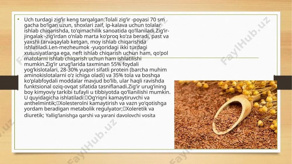 va o‘g‘itlash zigir o‘simligi samarali rivojlanishi uchun muntazam parvarish talab etiladi: o‘g‘itlash: o‘g‘itlashning ikki asosiy turi mavjud: tuproqqa azot, fosfor va kaliy o‘g‘itlari qo‘shish: azot ekishdan avval, fosfor va kaliy esa ekishdan keyin qo‘llanadi. azot o‘simlikning tez o‘sishiga yordam beradi, fosfor ildiz tizimining rivojlanishini ta'minlaydi, kaliy esa suvni samarali ishlatishda yordam beradi. yuzaga qo‘llanadigan o‘g‘itlar: o‘simlikni rivojlantirish uchun ba'zan mikroelementlar (temir, magniy) bilan o‘g‘itlash kerak. bu usul o‘simlikka yetarli ozuqa moddalarini tez yetkazib beradi. sug‘orish zigir o‘simligi suvga nisbatan o‘rtacha ehtiyoj sezadi. o‘simlikning o‘sish davrida va hosil berishda suvning yetarli miqdorda bo‘lishi kerak. sug‘orish rejasi: zigirning hosil berish davrida o‘simlikning 1-2 marta sug‘orilishi zarur. o‘simlik quruqchilikni yaxshi boshqaradi, ammo uzoq muddatli qurg‘oqchilik uning o‘sishini sekinlashtirishi mumkin. makkajo‘xori o‘sishining boshlang‘ich bosqichida o‘rtacha sug‘orish yetarli, ammo hosil yig‘ish davrida ortiqcha suvni to‘plashdan ehtiyot bo‘lish kerak. sug‘orish tizimi: o‘zbekistonda asosan tomchilatib sug‘orish tizimi qo‘llanadi, bu tizim suvni tejaydi va o‘simlikka optimal sharoitlarni yaratadi. …