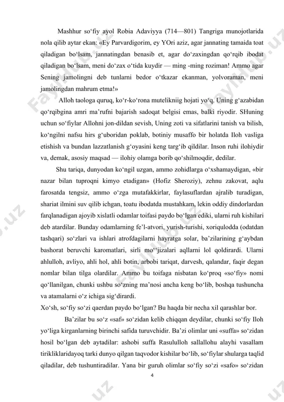 ichgan, toatu ibodatda mustahkam, lekin oddiy dindorlardan farqlanadigan ajoyib xislatli odamlar toifasi paydo bo‘lgan ediki, ularni ruh kishilari deb atardilar. bunday odamlarning fe’l-atvori, yurish-turishi, xoriqulodda (odatdan tashqari) so‘zlari va ishlari atrofdagilarni hayratga solar, ba’zilarining g‘aybdan bashorat beruvchi karomatlari, sirli mo‘‘jizalari aqllarni lol qoldirardi. ularni ahlulloh, avliyo, ahli hol, ahli botin, arbobi tariqat, darvesh, qalandar, faqir degan nomlar bilan tilga olardilar. ammo bu toifaga nisbatan ko‘proq «so‘fiy» nomi qo‘llanilgan, chunki ushbu so‘zning ma’nosi ancha keng bo‘lib, boshqa tushuncha va atamalarni o‘z ichiga sig‘dirardi. xo‘sh, so‘fiy so‘zi qaerdan paydo bo‘lgan? bu haqda bir necha xil qarashlar bor. ba’zilar bu so‘z «saf» so‘zidan kelib chiqqan deydilar, chunki so‘fiy iloh yo‘liga kirganlarning birinchi safida turuvchidir. ba’zi olimlar uni «suffa» so‘zidan hosil bo‘lgan deb aytadilar: ashobi suffa rasululloh sallallohu alayhi vasallam tirikliklaridayoq tarki dunyo qilgan taqvodor kishilar bo‘lib, so‘fiylar shularga taqlid qiladilar, deb tushuntiradilar. yana bir guruh olimlar so‘fiy so‘zi «safo» so‘zidan kelib chiqqan, chunki …