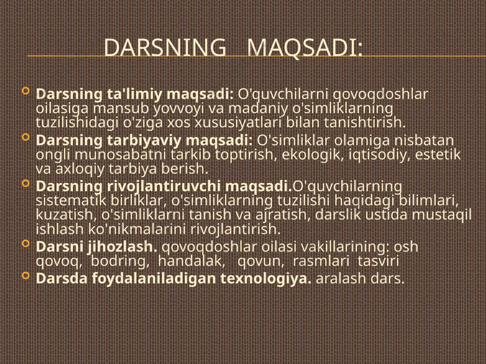 avzu bayoni. yer yuzida mazkur oilaga mansub 800 ga yaqin, o'zbe­kistonda esa 18 tur o'simlik o'sadi. qovoqdoshlar oilasiga asosan bir yillik vа ko'p yillik o'tlar kiradi. ularning poyasi (palagi) o'rmalab yoki barg qo'ltig'idan chiqadigan jingalaklar bilan ilashib o'sadi. barg­lari oddiy, ketma-ket o'rnashgan, yaproqlari panjasimon bo'lingan yoki panjasimon qirqilgan. gullari to'g'ri, ayrim jinsli, hasharotlar yordamida changlanadi. gulqo'rg'oni murakkab. kosachasi 5 ta kosachabargning, toji ham 5 ta toj­bargning qo'shilishidan hosil bo'lgan. changchilari 5 ta, ulardan 4 tasi 2 tadan juft bо'lib qo'shilgan, 1 tasi erkin. ba'zi vakillarida hamma changchilarining iplari o'zaro qo'shilgan. urug'chilari 3 ta, lekin ularning tuguncha vа us­tunchalari ham bir-biri bilan qo'shilgan. tugunchasi ostki. qovoqdoshlarga mansub o'simliklaming gullari ayrim jins­li bo'lganligi uchun ularning changchi vа urug'chi gullariga alohida-alohida formula vа diagrammalar beriladi. changchi gulining formulasi: k(5)t(5)ch(2)+(2)+1u0 yoki k(5)t(5)ch(5)u(o), urug‘chi guliniki к(5)t(5)ch(0)u(3). qovoqdoshlaming mevasi - etdor, sersuv, soxta rezavor mеvа. o'zbekistonda ko'plab ekiladigan bu oilaga mansub o'sim­liklardan biri oshqovoq (oyim qovoq)dir. …