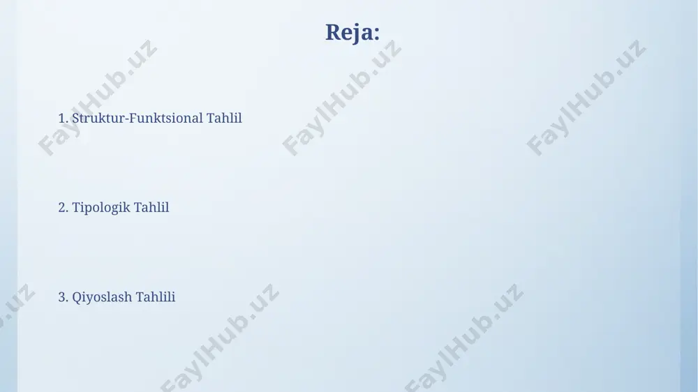 rdamida 7-asrda arabiston yarim orolidagi qabilalararo munosabatlarni tahlil qilish orqali islom dinining dastlabki tarqalish yo'llarini aniqlash mumkin. struktur-funktsional va genetik usullarni integratsiyasi генетик таҳлил, мисол учун, исломнинг 7-асрдаги арабистондаги пайдо бўлишини ва кейинчалик бутун дунёга тарқалишини хронологик тартибда таҳлил қилиш орқали 2 та асосий тарқалиш йўналишини аниқлаб, структура-функционал таҳлил билан интеграция қилинади. структура-функционал ва генетик усулларнинг интеграцияси, масалан, 5 та диний мазҳабнинг ҳар бирининг ижтимоий функциясини таҳлил қилиш билан бир вақтда, уларнинг тарихий ривожланишини ҳисобга олиш орқали, 18-аср европасида диний ўзгаришларни тушунишга имкон беради. dinşunoslikda holat tahlili динушуносликда ҳолат таҳлили 19-асрда европанинг ижтимоий фанларида пайдо бўлиб, 20-асрда марказий осиё, хусусан ўзбекистон диний ташкилотларини ўрганишда кенг қўлланилган. ҳолат таҳлили 30 дан ортиқ масжид, зиёратгоҳ ва мадрасаларни ўрганиш орқали ўзбекистоннинг самарқанд вилоятидаги ислом таълимотининг ижтимоий контекстини таҳлил қилади. taqqoslash usuli: umumiy nuqtai мисол учун, ўзбекистон ва эрондаги суфийлик тасаввуфларини таққослаш орқали, уларнинг ривожланиш тарихи, 3 та асосий мазҳаб ва 7 та муҳим …