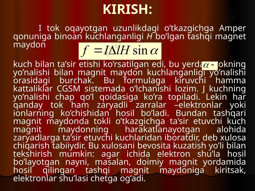 luksiz to’qnashib turishi sababli elektronlarga ta’sir etuvchi kuch diskka uzatiladi va disk aylana boshlaydi. harakatlanayotgan zaryadning magnit maydoni. tashqi magnit maydon harakatlanayotgan zaryadga ta’sir ko’rsatar ekan, o’z navbatida, harakatlanayotgan zaryad ham atrofdagi fazoda magnit maydon hosil qiladi. harakatlanayotgan zaryadlar oqimidan iborat bo’lgan elektr tokining atrofdagi fazoda magnit maydon hosil qilish faktiga asoslanib, shunday xulosa chiqarish mumkin. harakatlanayotgan zaryad hosil qilayotgan maydon kattaligini bio –savar –laplas formulasiga ko’ra toppish mumkin. bu formulaga binoan uzunlikdagi tok element o’zidan r masofada yogan nuqtada kuchlanganligi bo’lgan magnit maydon qiladi, bunda yok bilan g radius –vektor yo’nalishlari orasidagi burchak. harakatllanayotgan zaryad hosail qilayotgan magnit maydonning kuchlanganlik chiziqlari zarraning v tezlik vektori r radius vektori yotgan tekislikka perpendikulyar yo’nalishgandir. harakatlanayotgan zaryad musbat – bo’lsa, kuchlanganlikning yo’nalishi parma qoidasiga asoan toiladi: agar parmaning illgarilanma harakati v tezlikning yo’nilishi bilan bir xil bo’lsa, parma dastasining aylanish yo’nalishi ning yo’nalishini ko’rsatadi; harakatlanayotgan zaryad manfiy bo’lganda yuqoridagi yo’nalishga teskari tomonga …