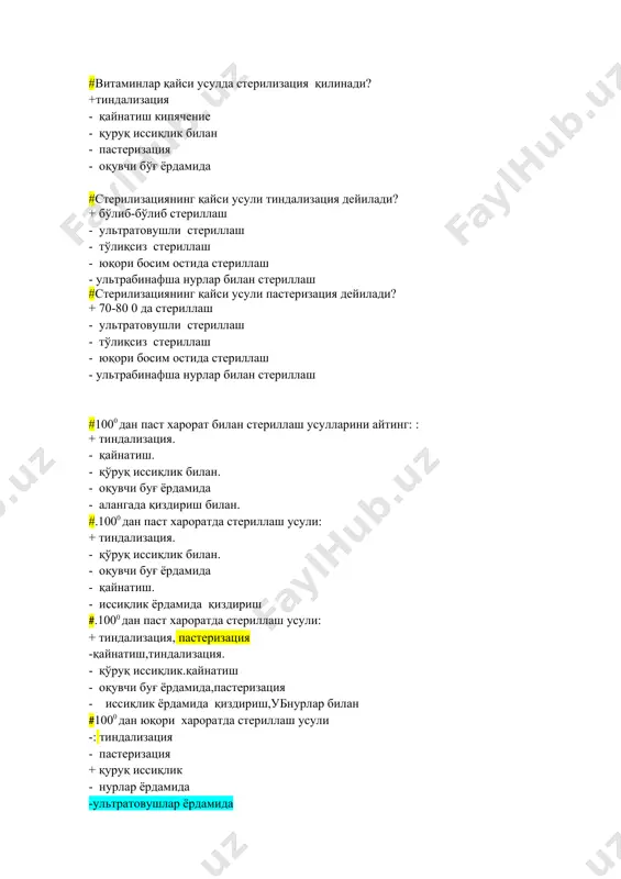гиланг: · 3-5% фенол эритмаси · 1-3% лизол эритмаси · 4% ли формалин · 1-5% ли хлорамин · 10-20% хлорли оҳак · 33% водород пероксиди · 2-3% бензол эритмаси · 1-4% толуол эритмаси · 2-3% ксилол эритмаси #тиббиётда ишлатиладиган асосий антисептик препаратларни кўрсатинг: + йодли препаратлар + спирт + калий перманганат + водород пероксиди - олтингугурт кислотаси - хлорид кислота - аммиак - сероводород #тиббий анжомларни стерилизация қилишнинг асосий усуллари : + қиздириш + автоклавлаш + қуруқ иссиклик + нур билан - қайнатиш - йод билан ишлов бериш - спирт билан ишлов бериш - водород пероксиди билан ишлов бериш #операцион тикув материалини стерилликка текширилганда бактериологик текшириш ўтказилади. бунда кўпинча қайси микроорганизмлар топилиши мумкин? - легионелла - клостридий - сальмонелла - клебсиелла + стафилококк #.қадим замонларда сувни зарарсизлантириш мақсадида қандай металл ишлатилган ва унинг таъсири? + кумуш, олигодинамик - темир, ювувчи (тозаловчи) таъсирга эга - симоб, бактериостатик - мис, метаболизмни бузади …