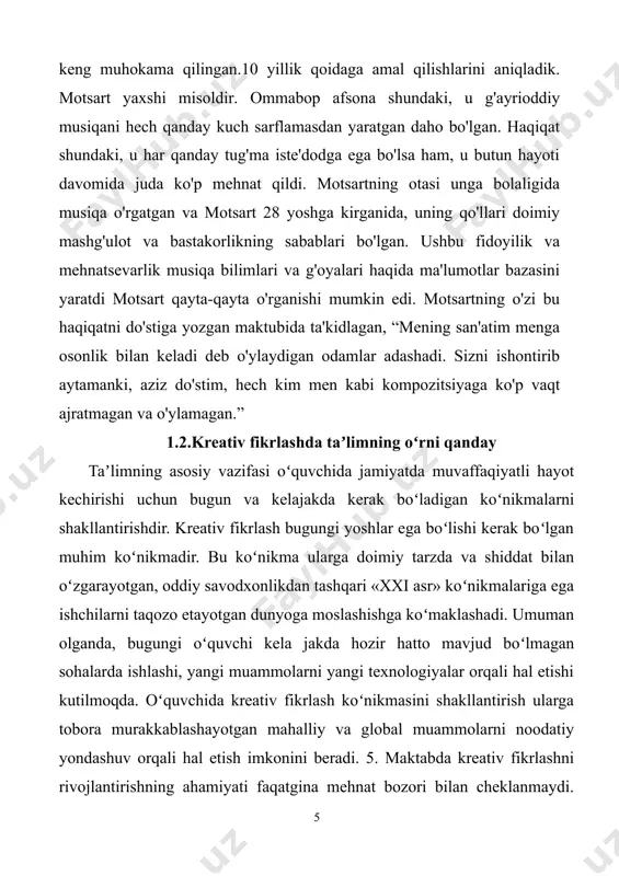atto mavjud boʻlmagan sohalarda ishlashi, yangi muammolarni yangi texnologiyalar orqali hal etishi kutilmoqda. oʻquvchida kreativ fikrlash koʻnikmasini shakllantirish ularga tobora murakkablashayotgan mahalliy va global muammolarni noodatiy yondashuv orqali hal etish imkonini beradi. 5. maktabda kreativ fikrlashni rivojlantirishning ahamiyati faqatgina mehnat bozori bilan cheklanmaydi. maktab yoshlar uchun oʻz qobiliyat va koʻnikmalarini, shu jumladan ijodiy talantlarini kashf etishda muhim ahamiyatga ega. 6. shuningdek, kreativ fikrlash oʻquvchilarning taʼlim olishini hodisalar, tajribalar va xatti-harakatlarni yangicha va shaxsan mazmunli usulda talqin etish orqali qoʻllab-quvvatlaydi. oʻquvchining xayoli va qiziquvchanligi taʼlim jarayonida qoʻl keladi: ijodiy fikrlash shu tariqa oʻzaro kelishuvchanlik vositasiga aylanadi, hattoki avvaldan belgilangan taʼlim maqsadlari kontekstida ham (beghetto va plucker, 2006 [18]). maktabda oʻquvchining motivatsiyasi va qiziqishini oshirish uchun, barcha oʻquvchilarning ijodiy salohiyati va shijoatini hisobga oluvchi taʼlimning yangi shakllari yoʻlga qoʻyilishi zarur. bu ayniqsa taʼlim jarayoniga unchalik qiziqish bildirmayotgan oʻquvchilarga yordam berishi mumkin va ular oʻz fikrini ayta olishiga, salohiyatini ochishiga xizmat qiladi.. har …