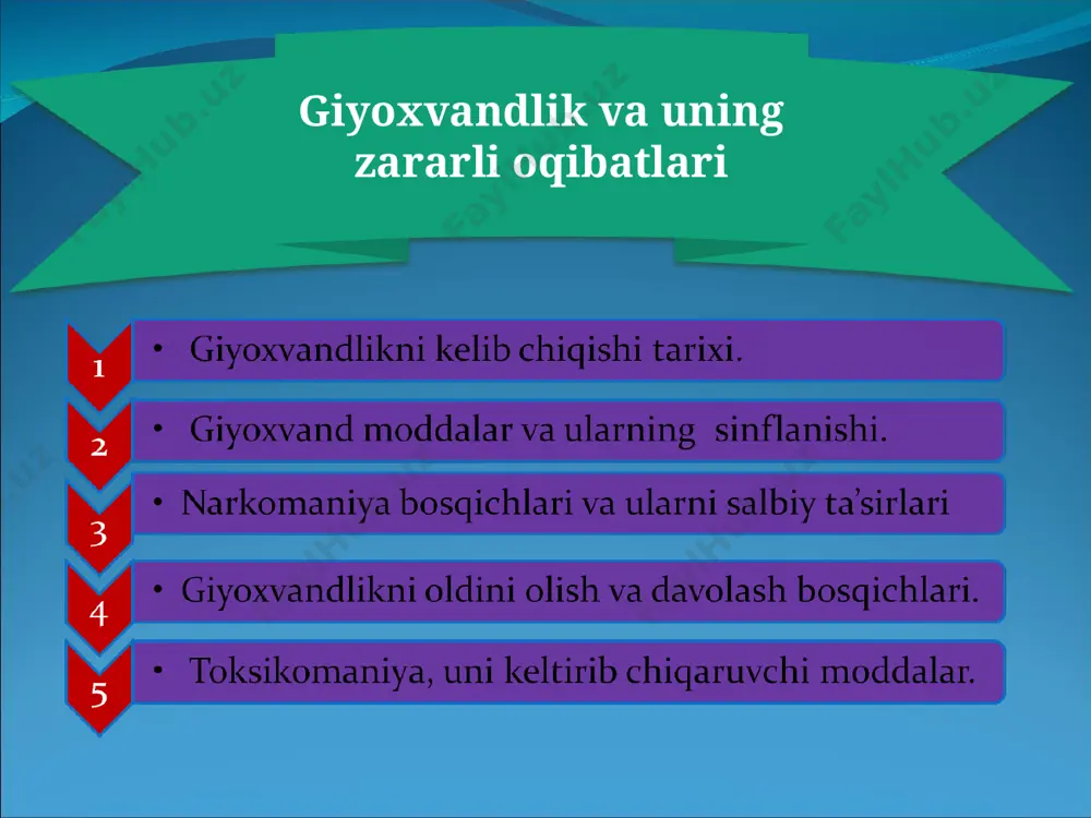 k 4 - tabainizm, morfinizm + nashavandlik + tamaki, nasha chekishlik va shu kabilar bo’lishi mumkin klinik jihatdan organizmning zaharlanishi natijasida tegishli o’ziga xos belgilar, abstsinent sindromlardan tashqari og’ir hayot uchun havfli belgilar — ko’rinishida xunuklik, harakatida gangishlik, psixozlar, gallyutsinatsiyalar, komatoz holat, axiri o’zini-o’zi o’ldirishlikka intilishliklar paydo bo’ladi va bundaylar tezda juvonmarg-yoshgina umri hazon bo’ladi. jahon sog’liqni saqlash tashkiloti (voz) ta’biriga ko’ra narkotik moddalar deb quyidagi mezon-o’lchov belgilangan 1-rasm.narkotiklar va dori vositalarining yurak qismlariga ta’sir etish joylari talamus orqa miya uzunchoq miya miyacha o`rta miya bosh miya miya gipotalamus bosh miya o’rta miya miyacha uzunchoq miya orqa miya «qoradori» va boshqa narkotiklarning keltirib chiqaradigan salbiy ta’sirlari opiy preparatlari — narkotiklari vena qon tomiriga yuborish yo’li bilan qabul qilinsa, sifilis (zaxm), gepatit (sariq kasalligi) va boshqalarni, ayniqsa birinchi galda spid (oits) kasalligini keltirib chiqarib, oqibatda organizmning himoya quvvatini — immunitetni pasaytiradi. o’lim va nogironliklarning kelib chiqishida eng katta sababchi bo’layotgan narsa …