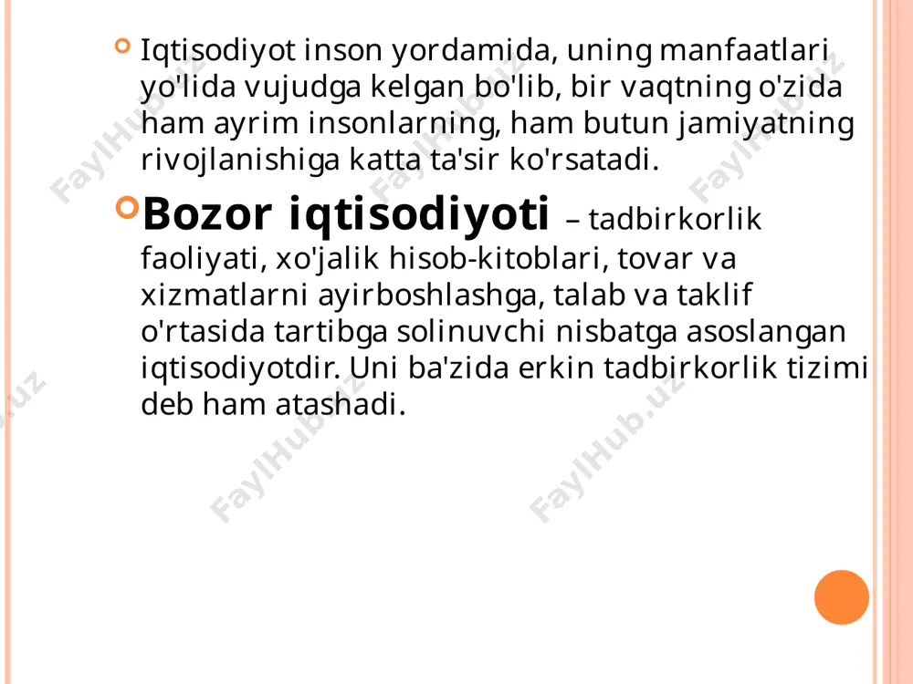 bo'yicha 38 mingga yaqin mikrofirmalar, kichik va o'rta korxonalar yaratilib, tadbirkorlikni rivojlantirish hisobiga 370 mingta yangi ish joyi paydo bo'ldi, bu ko'rsatkich bashorat qilingan ko'rsatkichdan 1,5 baravar ko'pdir. taqqoslash uchun eslatib o'tamizki, 1996 yilda iqtisodiyotning inqirozdan so'ng ko'tarilishi kuzatilib, 280 mingta yangi ish joyi, jumladan qishloq joylarda 165 mingta ish joyi yaratilgan. nazorat savollari 1. «iqtisodiyot» tushunchasiga ta'rif bering va uning mazmunini fan va xo'jalik nuqtai nazaridan ochib bering. 2. biznes bu nima? biznes va tadbirkorlikni bir-biridan ajratib turuvchi xususiyatlarni keltiring. 3. biznes va tadbirkorlikning qanday tashkiliy shakllarini bilasiz? 4. bozor iqtisodiyotining mohiyatini siz qanday tushunasiz? nima sababli bozor iqtisodiyotiga o'tish ob'ektiv ahamiyat kasb etdi, buning asosiy sabablari nimada? 5. bozor iqtisodiyotining afzal tomonlarini sanab bering.