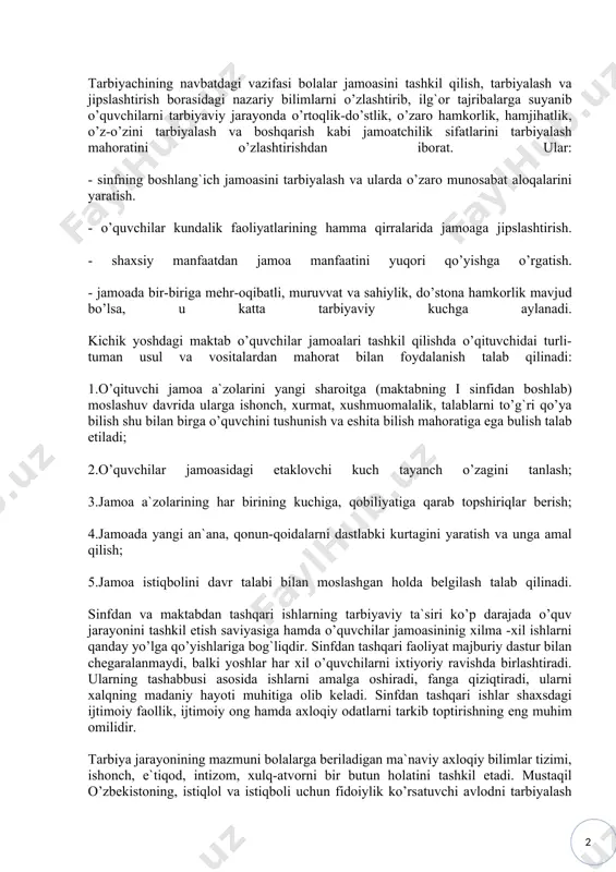 dan daredan tashqari vaqtda uyushtiriladi. oʻquvchilarning sinfdan tashqari ishlarni tashkil etishda oʻquvchilar saroylari, yosh texniklar, yosh gabiatshunoslar, yosh sayyoxlar klubi va maktabdan tashqari boshqa muassasalar katta yordam beradi. sinfdan tashqari ishlarning asosiy shakllari sifatida ommaviy ishlar (maktab klublaridagi tadbirlar, kecha, munozara va tanlovlar oʻtkazish, viktorina va koʻrgazmalar uyushtirish, tabiat qoʻyniga, maktab va muzeylarga ekskursiyalarga chiqish), toʻgarak ishlari (oʻquvchilarning turli toʻgaraklar, sport seksiyalari, ansambllardagi qatnashishlari), mustaqil ishlar (oʻquvchilarning sinfdan tashqari oʻqishi, kolleksiya toʻplashi, texnika, musiqa, tasviriy sanʼat, chizmachilik va sh. k. bilan mustaqil shugʻullanishi)ni koʻrsatish mumkin. roʻzmon keldiyorov 2.2. boshlang`ich sinflarda sinfdan tashqari ishlarni tashkil etish va uni o’tkazish usullari. sinfdan va maktabdan tashqari tarbiyaviy ishlar kontseptsiyasida tarbiyaviy tadbirlarni takomillashtirish zaruriyati, alohida ta`kidlangan: siyosiy tuzumiing o’zgarganligi, yangicha iqtisodiy munosabatlarning shakllanib borishi, tarbiyaviy ishni yaxshilashda davr talabiga javob beradigan yangicha tamoyillari g`oyalar, ish uslubiyatlarini ishlab chiqish hamda o’qituvchining ijodkorlik faoliyatinn qaytadan qurmoq lozimdir. tarbiyachining navbatdagi vazifasi bolalar jamoasini tashkil qilish, tarbiyalash va …