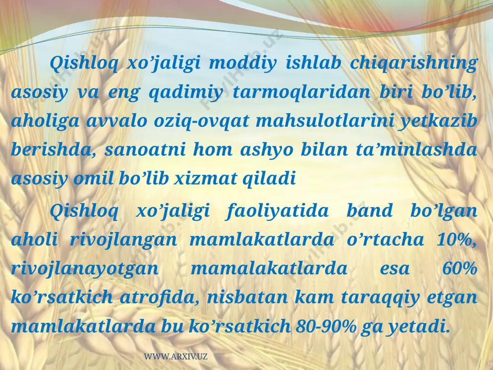 ziq-ovqat majmuasi” deb yuritiluvchi yagona tarmoqqa birlashtirilgan amerika qo’shma shtatlari eng yirik kapitalistik mamalakat xisoblanib, jahon imperializm tizimining tayanchidir. www.arxiv.uz majmua quyidagi 3 asosiy vazifani bajaradi: qishloq xo’jaligi uchun mehnat vositalarini yaratish qishloq xo’jaligi qishloq xo’jaligi mahsulotlarini qayta ishlash va sotish bilan shug’ullanadi www.arxiv.uz yuqorida ta’kidlanganidek aqsh qishloq xo’jaligi mahsulotlari bo’yicha jahonning asosiy eksportiyori hisoblanadi. ya’ni bug’doy eksportining 45% paxtaning 33% makkajo’xori doninng 55% arpaning 10% www.arxiv.uz mamalkatda qishloq xo’jalik mahsulotlarini yetishtirish jarayonida iqlim sharoitlari va qishloq xo’jalik ekinlaridagi tafovutlar tufayli turli rayonlarda ixtisoslashuv yuzaga kelgan. umuman olganda aqsh da qishloq xo’jaligi mahsulotlari jumladan, meva, poliz va sabzavot ekinlari, chorvachilik mahsulotlarini sanitariya-gigieniya talablari darajasida saqlash uchun ombor va muzxonalar yetib ortadi. masalan qishloq xo’jaligi uchun 1 dona mahsus avtomobilning o’zi bir vaqtda 80 bosh qoramol, 260 bosh cho’chqa va 6 ming bosh parrandani tashish imkoniga ega. makkajo’xori doni 48 shtatda, mosh asosan 5 shtatda, bug’doyning 72%i asosan 6 shtatda, kartoshkaning …