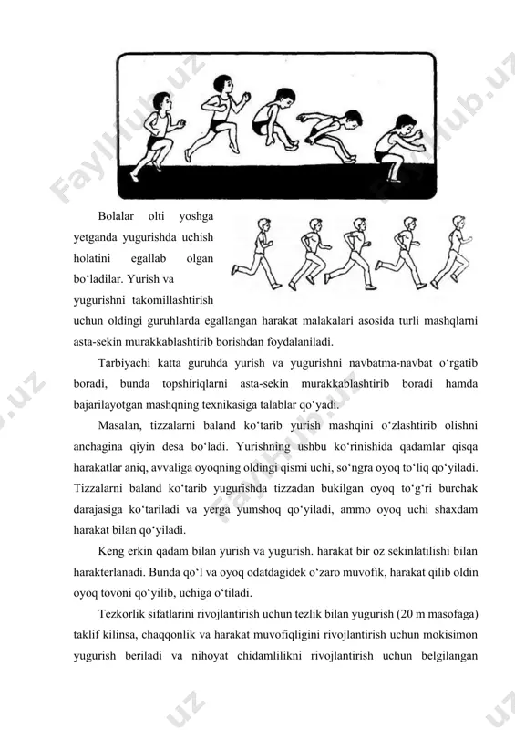 , qo‘lini shiddat bilan harakatlantirib, to‘g‘ri dastlabki holatni egallab, to‘pni uzoqqa ota oladi. no’p tashlab berishda, to’pni olishva ilib olish fazoda va vaqtda mo’ljal ola bilish zarur. maktabgacha yoshdagi bolalarga tarbiyachining ko‘rsatmalarini to‘g‘ri idrok etish xosdir va ular mashqlarni o‘z imkoniyatlariga mos ravishda bajaradilar to‘pni uzoqroqqa tashlab bera oladilar, uchib kelayotgan to‘pga tomon gavda holatini o‘zgartirib, qo‘llarini cho‘za oladilar, bular harakatlar muvofiqlashuvining anchagina takomillashganidan dalolat beradi. muvozanat saqlash mashqlari. ma’lumki muvozanat (uni saqlab turish va tutib turishga intilish) har qanday harakatlar uchun doimiy va zarur komponet bo‘lib hisoblanadi. katta maktabgacha yoshda muvozanat saqlashni turlituman mashqlar vositasida takomillashtirib borish davom ettiriladi. muvozanat saqlash funksiyasining kechikishi yoki yetarli rivojlanmasligi harakat aniqligiga, sur’atiga, me’yoriga ta’sir ko‘rsatadi. ular natijalarining yaxshilanishi 5-6 yoshli bolalarda mushak tonusi muvofiqligining yetarli darajada yaxshi rivojlanishi bilan bog‘liq bo‘ladi. каtta guruhda muvozanat mashqlarini tayanchni toraytirilgan va kengaytirilgan holatda bajarish taklif etiladi. bunda topshiriqlar turli narsalar bilan bajariladi. muvozanat saqlashni rivojlantirish …