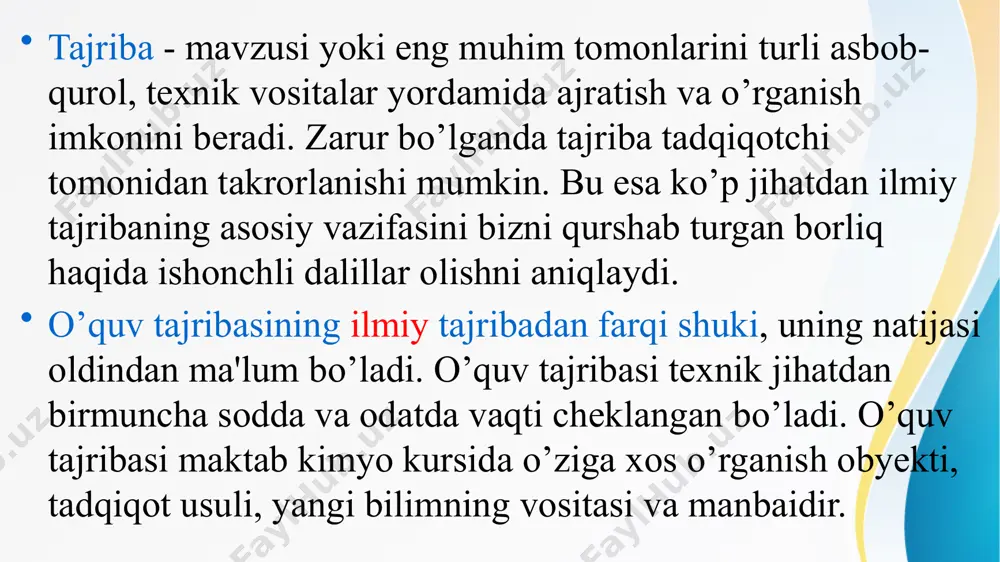 quv tajribasi. o’quvchilar tomonidan bajaraladigan o’quv tajribalari mustaqil ishning bir turidir. o’quv tajriba ishlari yangi mavzuni o’rganish, uni tеkshirish va puxtalashga qaratilgan hamma bir xil (frontal) tarzda yoki guruhlarga bo’lib bajariladigan laboratoriya tajribalari va amaliy mashg’ulotlaridan, dasturning alohida mavzularini o’rganib bo’lganidan kеyin turli xil tajriba masalalari yoki amaliyotdan iborat bo’lishi kеrak. o’quv tajribaning o’qitish jarayonida qo’llanishi quyidagicha: ayni darsda o’tgan mavzuni qaytarishda. shunda o’quv tajribaning maqsadi - bu o’tilgan darsda moddalarning xossalari yoki hodisalari to’g’risida bilimlarni chuqurlashtirish, umumlashtirilgan tushunchalarni shakllantirish. masalan, suvda erimaydigan asoslarni o’rganishda o’quvchilarga quyidagi vazifalarni tavsiya qilish mumkin: a) mis (ii) - gidroksidini olib, uning suvda eruvchanligini tеkshiring, indikatorga rеaksiya bеrishini ko’rib, parchalanish rеaksiyasini o’tkazing. b) tеmir (ii) - gidroksidini olib a) -ga o’xshab tеkshiring. v) rux gidroksidini olib a) -ga o’xshab tеkshiring. o’qituvchi bilan birgalikda olib borilgan tajribalar o’quvchilarning tеxnik malakasini oshirishga yordam bеradi. yangi o’quv matеrialni o’rganishdan oldin o’tkaziladigan o’quv tajribalarning maqsadi o’quvchilarni yangi bilim …