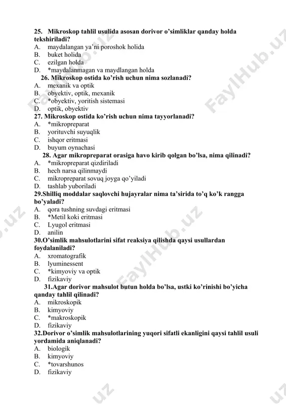 zikaviy 33. makroskopik tahlilni qaysi asbob yordamida olib boriladi? a. mikroskop b. *lupa c. fonidoskop d. ochki 34.dorivor o'simlik mahsulotlaridagi ruxsat etilgan aralashmalrga kirmaydi: a. zaxarli bo'lmagan boshqa o’simlik qismlari . b. mahsulotni maydalangan qismi c. qum,tuproq, mayda toshlar d. *shisha bolaklari 35. tahlil usullari necha xil bo’ladi? a. 2 ta b. 6 ta c. *5 ta d. 4 ta 36.gulhayri ildizi tarkibidagi asosiy kimyoviy birikmalar nima? a. *shilliq modda, krahmal, saxaroza b. yog’, oqsil, efir moylari c. oshlovchi moddalar d. flavonoidlar 37.polisaxaridlarning farmakologik ta’sirini ko’rsating: a. *balg’am ko’chiruvchi, o’rab olivchi b. ovqat hazm qilishda c. siydik va o’t haydashda yordam beradi d. siydik ajralishini tezlashtiradi 38. balg’am ko’chiruvchi sifatida qo’llaniladigan o’simlikni ko’rsating: a. *gulhayri, oq qaldirmoq b. na’matak, jag’-jag’ c. qora smarodina, chetan d. dala qirqbo’g’imi, malina, chakanda 39. zig’ir o’simligining mevasi a. *o’n urug’li yumaloq quruq ko’sakcha b. uchmali pista c. ikki chanoqli kosak d. yong’oqcha 40. zubturum …