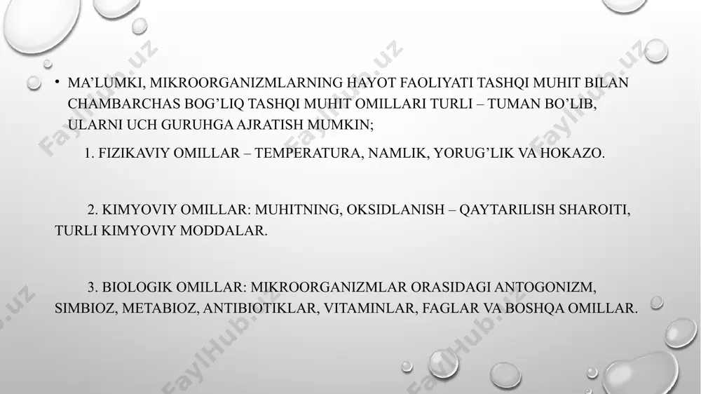 ishda bukalarning spermasiga qo’shiladi. fitonsidlar o’simliklardan olingan antibiotik bo’lib, 1928 yilda topilgan. fitonsid efir moylari va har xil organik kislotalari ko’p bo’lgan sarimsok piyoz va gorchitsa o’simliklaridan olinadi. bu moddalar mikroblarni halok qiladi. e’tiboringiz uchun rahmat! image2.png image3.png image4.png image5.png image6.png image1.png