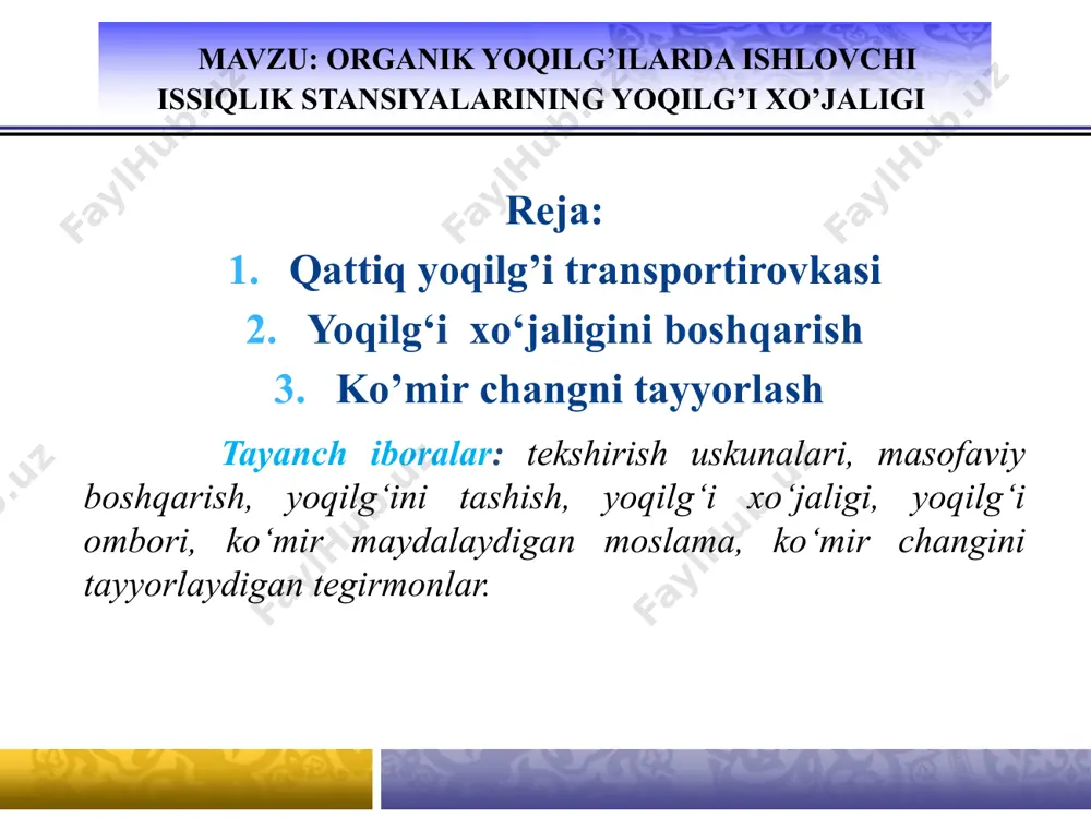 siyalar; issiqlik dvigatellari turiga qarab - bug‘ turbinali (bug‘ turbinali elektr stansiyalar), gaz turbinali (gaz turbinali elektr stan siyalar) va ichki yonuv dvigatelli (dizel elektr stansiyalar); iste’molchilarga beriladigan energiya turiga qarab - kondensatsion elektr stansiyalar va issiqlik elektr markazlari; quvvat berish grafigiga qarab - asosiy (yil bo‘yi bir me’yorda quvvat beradigan) va cho‘qqi (keskin o‘zgaradigan grafik bo‘yicha ishlaydigan) stansiyalar. ba’zan, atom elektr stansiyalar, gelio elektr stansiyalar, geotermik elektr stansiyalar ham shartli ravishda ies lar deb ataladi. shuni hisobga olish lozimki, issiqlik elektr stansiyalarida ishlab chiqariladigan elektr energiyasining taxminan 99%i bug‘ turbinasi elektr generatorni harakatlantiruvchi issiqlik elektr stansiyasidir. bug‘ turbinali elektr stansiyalar - kondensatsion elektr stansiyalarga va issiqlik elektr markazlariga bo‘linadi. kondensatsion elektr stansiyalari faqat elektr energiyasini ishlab chiqaradi. issiqlik elektr markazlari esa elektr energiyadan tashqari issiqlik energiyasini ham beradi. yoqilg‘i vagon ag‘dargich yordamida bunkerga tushiriladi. bunkerdan keyin ko‘mir lentali konveyer yordamida maydalash korpusiga yuboriladi. maydalash korpusida ko‘mir 25 mm o‘lchamgacha …