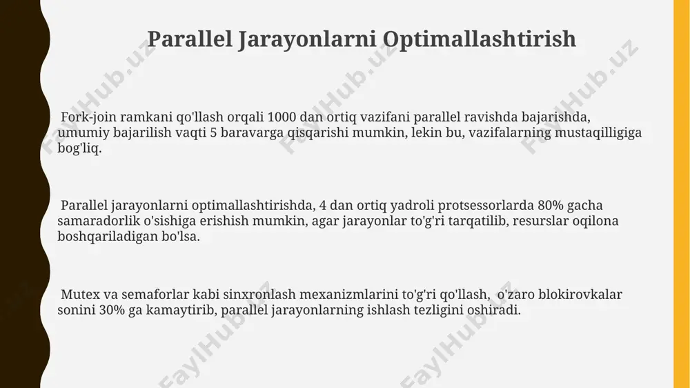 rlashtirish esa qo'shimcha vaqt talab qiladi. mutexlar yordamida kritik qismlarga kirishni boshqarish, 2 ta yoki undan ortiq jarayonning shu qismga bir vaqtning o'zida kirishiga yo'l qo'ymaslik orqali, ma'lumotlarning to'g'riligini ta'minlaydi. sinxronlash va mutekslar mutexlar bir vaqtning oʻzida faqat bitta jarayonning kritik qismga kirishiga ruxsat beradi va shu bilan ma'lumotlarning uzluksizligini 100% ta'minlaydi, shuningdek, "deadlock" holatlarining oldini olishga yordam beradi. shartli o'tish operatori (conditional operator) yordamida mutexlarni boshqarish, jarayonlarning to'qnashuvlarini kamaytirish va samaradorligini oshirish uchun qo'llaniladi, bu esa resurslarni 2-3 barobar samarali ishlatish imkonini beradi. sempoforlar va mutexlar o'rtasidagi asosiy farq shundaki, mutexlar faqat bitta jarayonga kirish huquqini beradi, sempoforlar esa bir nechta jarayonlarga (masalan, 5 ta) bir vaqtning o'zida kirish imkonini beradi, ammo bu chegaralangan miqdorda bo'ladi. shartli operatorlarning mohiyati shartli operatorlar, masalan, `if-else` yoki ternary operator (`condition ? value1 : value2`), dastur oqimini shartlarga asoslangan holda boshqarish imkonini beradi va 2 ta yoki undan ortiq kod bloklaridan birini bajarishga …