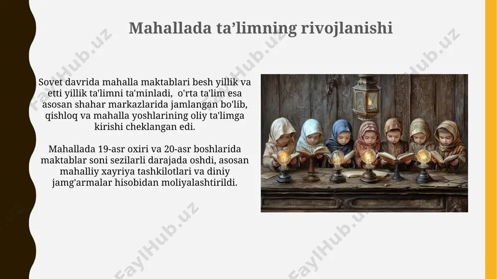 g 70%i diniy-ma'rifiy tadbirlarda faol ishtirok etishi kuzatilgan. bu, ma'naviy-axloqiy tarbiyaning samaradorligini ko'rsatadi. an’anaviy bilim va mahalla mahalla maktablari va masjidlari 100 dan ortiq yosh avlodga an'anaviy san'at, hunarmandchilik va diniy ta'limni, shuningdek, adabiyot va tarixni o'rgatish markazlari bo'lib xizmat qilgan. mahallada an'anaviy tibbiyotning 30 dan ortiq turlari, masalan, fitoterapiya, gidroterapiya va boshqalar, avlodlar davomida og'zaki ravishda o'rgatilgan va qo'llanilgan. mahalla intellektuallari va kelajak istiqbollari mahallada faoliyat yurituvchi 5 dan ortiq intellektual guruhlarining tadqiqotlari mahalla taraqqiyoti uchun yangi texnologiyalarni qo'llashga qaratilgan. mahallanng ijtimoiy-iqtisodiy rivojlanishiga qo'shgan hissasini baholash uchun kamida 10 yillik statistik ma'lumotlarni tahlil qilish zarur. mahalla ziyolilari: tarixiy istiqbollar sovet davrida ham mahalla ziyolilari, 2000 dan ortiq kishilik guruh bo'lib, ma'rifiy ishlarni olib bordilar, savodsizlikni yo'qotishga hissa qo'shdilar. mahalla ziyolilarining 19-20-asrlardagi faoliyati milliy madaniyatning rivojlanishiga katta hissa qo'shdi, 300 dan ortiq maktab va madrasalarning ochilishiga ta'sir ko'rsatdi. e'tiboringiz uchun rahmat @taqdimot_robot image1.jpg image2.jpg image3.jpg image4.jpg image5.jpg image6.jpg image7.jpg image8.jpg …
