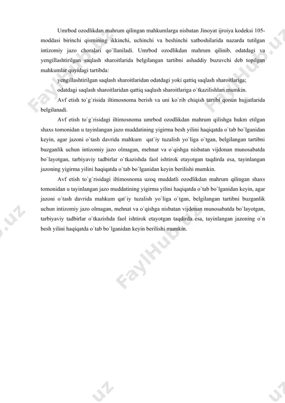 inlangan jazo muddatining yigirma besh yilini haqiqatda o`tab bo`lganidan keyin, agar jazoni o`tash davrida mahkum qat`iy tuzalish yo`liga o`tgan, belgilangan tartibni buzganlik uchun intizomiy jazo olmagan, mehnat va o`qishga nisbatan vijdonan munosabatda bo`layotgan, tarbiyaviy tadbirlar o`tkazishda faol ishtirok etayotgan taqdirda esa, tayinlangan jazoning yigirma yilini haqiqatda o`tab bo`lganidan keyin berilishi mumkin. avf etish to`g`risidagi iltimosnoma uzoq muddatli ozodlikdan mahrum qilingan shaxs tomonidan u tayinlangan jazo muddatining yigirma yilini haqiqatda o`tab bo`lganidan keyin, agar jazoni o`tash davrida mahkum qat`iy tuzalish yo`liga o`tgan, belgilangan tartibni buzganlik uchun intizomiy jazo olmagan, mehnat va o`qishga nisbatan vijdonan munosabatda bo`layotgan, tarbiyaviy tadbirlar o`tkazishda faol ishtirok etayotgan taqdirda esa, tayinlangan jazoning o`n besh yilini haqiqatda o`tab bo`lganidan keyin berilishi mumkin. adabiyotlar 1. jinoyat-ijroiya huquqi. darslik. mualliflar jamoasi. mas`ul muharrir-yu.f.n., dots. b.j.axrorov. –t.: o`qituvchi, 2002. – 208b. 2. jinoyat-ijroiya kodeksiga sharhlar. rustamboyev m.h., axrarov b.j. va boshqalar. ma`sul muharrir: yu.f.d., prof. m.h.rustamboyev. – t.: tdyui, 2007. – …