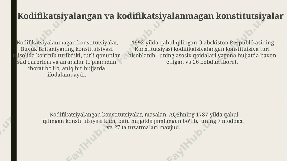 mumkin, bu esa huquqiy tizimning 1000 yildan ortiq rivojlanishini aks ettiradi. bir qator evropa davlatlari, masalan, frantsiya va italiya, unitar davlatlar boʻlib, ularning konstitutsiyalari markaziylashgan boshqaruv tuzilmasini, 20 dan ortiq hududiy birliklarga boʻlinishini aks ettiradi. qattiq va yumshoq konstitutsiyalar qattiq konstitutsiyalar, masalan, aqsh konstitutsiyasi singari, 200 dan ortiq yil davomida o'zgarishsiz qolgan bo'limlarga ega bo'lib, ularning o'zgarishi murakkab va uzoq jarayonni talab qiladi. qattiq konstitutsiyalar, masalan, fransiya konstitutsiyasi kabi, sud tizimi tomonidan himoya qilinadi va sudlar konstitutsiyaga zid qonunlarni bekor qilish huquqiga ega, bu esa konstitutsiyaning ustuvorligini ta'minlaydi. yumshoq konstitutsiyalar, buyuk britaniya konstitutsiyasi misolida ko'rsatilganidek, oddiy qonunlar orqali osongina o'zgartirilishi mumkin, bu esa 10 yilda bir necha marta o'zgarishi mumkin degan ma'noni anglatadi. respublikachilik konstitutsiyasi ko‘pgina respublikachilik konstitutsiyalari, jumladan, aqsh va fransiya konstitutsiyalari ham, 200 dan ortiq moddalardan iborat bo‘lib, fundamental huquqlar va erkinliklarni, shuningdek, davlat tuzilishi va hokimiyat taqsimotini batafsil tartibga soladi. respublikachilik konstitutsiyasi bo‘yicha qonunlarning 30 foizi, masalan, …