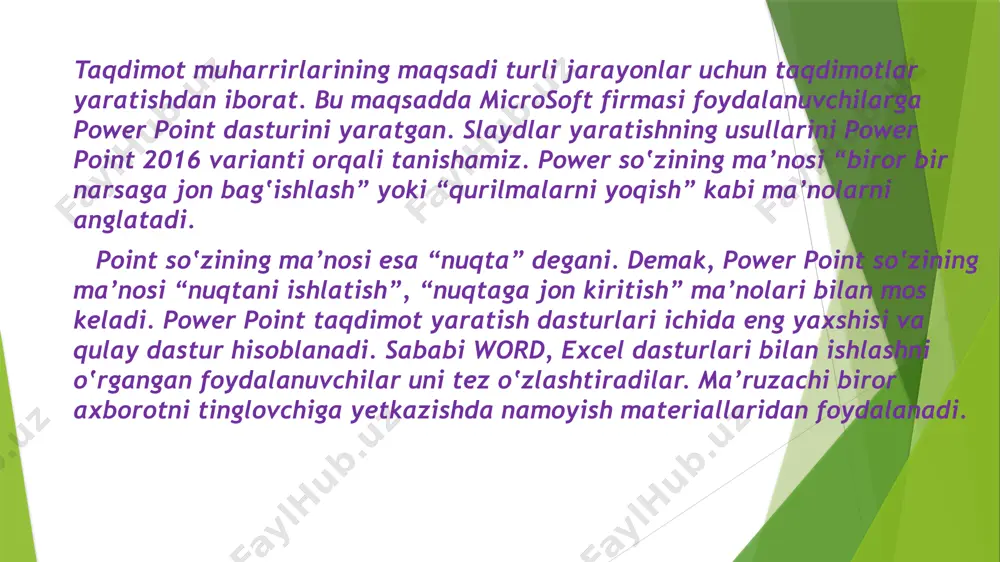 an dastur taklif qilayotgan slaydlarning ko‛rinishlardan biri, masalan, [пустая презентация] tanlanadi. natigada ekranga power point 2016 dasturining ish oynasi hosil bo‛ladi: tez foydalanish paneli– foydalanuvchiga qulaylik yaratish uchun tez-tez foydalanib turiladigan buyruqlarning belgisini joylashtirish va zarur bo‛lganda foydalanish imkonini beradi. unga yangi buyruqlarni qo‛shish uchun panelning oxiridagi tugmaga kelib “sichqoncha” chap tugmasini bosish kerak. so‛ng ro‛yxatdan kerakli buyruqlarni tanlash lozim. sarlavha satrida ayni vaqtda tayyorlanayotgan hujjatning (faylning) nomi va muharrirning nomi aks etadi. excelda tayyorlanayotgan taqdimot (презентация) deb nomlanadi. аgаr yаngi hujjаtgа nоm berilmаgаn bo‛lsа, u hоldа dоimiy qаbul qilingаn birinchi hujjаt uchun презентация ikkinchisi uchun презентация vа hоkаzо nоmlаr berilаdi. power point dasturi lentalari power point 2016 dasturida quyidagi lentalardan foqdalaniladi:  файл;  главная;  вставка;  дизайн;  переходы;  анимация;  слайд-шоу;  рецензирование;  вид. 1. dasturning файл lentasi fayllar ustida turli amallarni bajarishga imkon beruvchi buyruqlardan tashkil topgan: сведения – fayl haqida turli ma’lumotlarni …