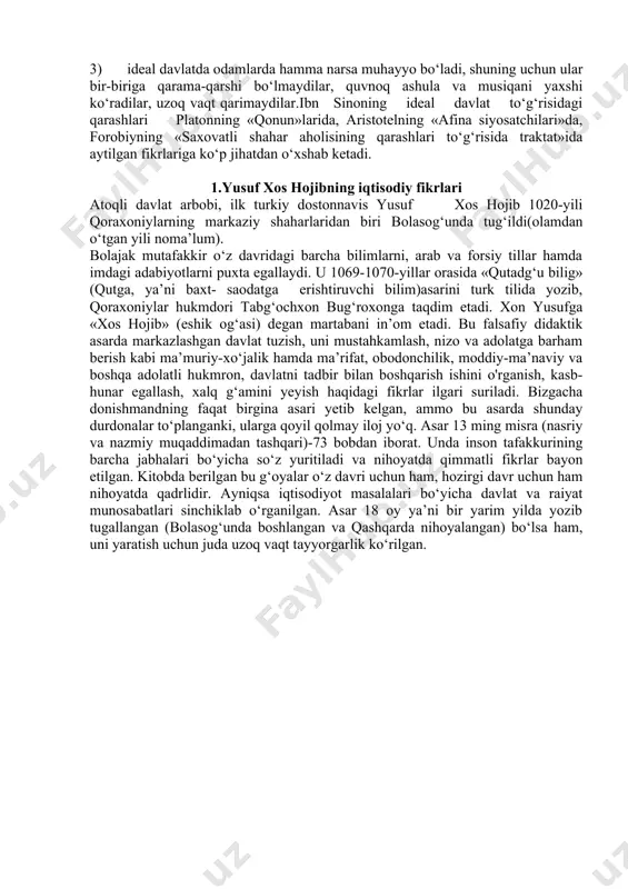 shunday yozadi: “avvalo yer va joylarning ntiqdori, keyin ularning egalari va tutgan o ‘rinlari, so'ngra nihoyatda zarur narsalar bo ‘igan oziq-ovqatlar, ekiladigan yerlar, saroy va shaxsiy uylar miqdori hisobga oiinishi zarur”. forobiy platonning: “taqsimot juda qiyin ish, lekin juda zarur ishdir”, - degan fikrini alohida ko‘rsatib o‘tadi. biz bundan forobiy taqsimot muammosining qiyinligini, uni to‘g‘ri hal etish jamiyat hayotida muhim ahamiyatga ega ekanligini yaxshi tushunganligini ko‘ramiz. abu rayhon beruniy muhammad ibn ahmad - xi asming qomusiy olimi, beruniy juda yoshligidan ilm va fanga qiziqadi. u sevgan fanlar - astronomiya, matematika, geodeziya, geografiya va mineralogiya bo‘lgan. beruniyning matematikaga va fanning boshqa sohalariga qo'shgan hissasini yozib qoldirgan 100 dan ortiq asarlaridan ham ko‘rish mumkin. ulardan eng yiriklari “hindiston”, “qadimiy xalqlardan qolgan yodgorliklar”, “qonuni mas’udiy”, “geodeziya”, “mineralogiya” va “astronomiya”. qolganlarini quyidagicha taqsimlash mumkin: matematikaga doirlari -22 ta; astronomik asboblar haqida -10 ta; astrologiklari -21 ta; turli fanlar (fizika, mineralogiya, adabiyot, tarix va boshqalar) …