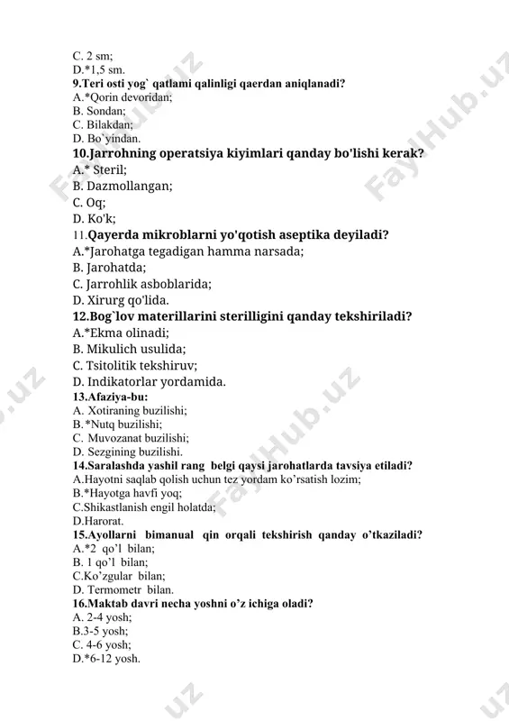 tika deyiladi? a.*jarohatga tegadigan hamma narsada; b. jarohatda; c. jarrohlik asboblarida; d. xirurg qo'lida. 12.bog`lov materillarini sterilligini qanday tekshiriladi? a.*ekma olinadi; b. mikulich usulida; c. tsitolitik tekshiruv; d. indikatorlar yordamida. 13.afaziya-bu: a. xotiraning buzilishi; b. *nutq buzilishi; c. muvozanat buzilishi; d. sezgining buzilishi. 14.saralashda yashil rang belgi qaysi jarohatlarda tavsiya etiladi? a.hayotni saqlab qolish uchun tez yordam ko’rsatish lozim; b.*hayotga havfi yoq; c.shikastlanish engil holatda; d.harorat. 15.ayollarni bimanual qin orqali tekshirish qanday o’tkaziladi? a.*2 qo’l bilan; b. 1 qo’l bilan; c.ko’zgular bilan; d. termometr bilan. 16.maktab davri necha yoshni o’z ichiga oladi? a. 2-4 yosh; b.3-5 yosh; c. 4-6 yosh; d.*6-12 yosh. 17.aniqlangan tana harorati qayerga qayd etiladi ? a. *mahsus temperatura varaqasiga ; b. maxsus jurnalga; c. kasallik tarixiga; d. kasallik varaqasiga. 18.jamoa hamshirasining birlamchi vazifasi? a.profilaktik emlashlarni olib boorish; b.favqulotda vaziyatlarni oldini olish; c.*kasalliklarning oldini olish; d. himoya qilish. 19.bemorni tekshirishga to’g’ri tayyorlash bu .... . a.*tekshiruv muvaffaqiyatli …