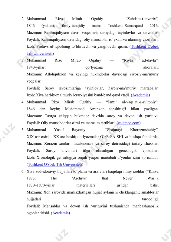 shi. (eprajournals.com) 12. “analiz of historical titles… within the khanate” — cajlpc (2024). mazmun: harbiy-ma’muriy, saroy va diniy unvonlarni toifalash; qushbegi — “head of…”, sarkorlar roli. foydali: terminologik taqqoslash va klassifikatsiya. (центральноазиатские исследования) 13. “pre-tsarist and tsarist central asia: communal commitment and political order in change”. mazmun: xiva patrimonial boshqaruvi, mansablarning turli ijtimoiy guruhlar uchun “teng emas” ahamiyati. foydali: oliy saroy unvonlarining jamiyat qatlamlari bilan bog‘liqligi. (dokumen.pub) 14. “the sariq turkmens of merv and the khanate of khiva in the early nineteenth century”. nashr: ilmiy maqola. mazmun: ogahiy matnlaridan foydalangan; “riyāz ad-davla” varaqalari bo‘yicha tayinlovlar eslatiladi. foydali: saroy-harbiy tayinlovlarning etnik-siyosiy fonini ochadi. (academia) 15. xiva tarixi bo‘yicha umumiy ensiklopedik manbalar (britannica, tarixiy sharhlar). mazmun: xonlik siyosiy tizimi, 1920 yilgacha davom etgan davlat tuzumi, sovet davri o‘zgarishlari. foydali: oliy mansablar muhitini umumiy siyosiy kontekstga bog‘lash. (encyclopedia britannica)