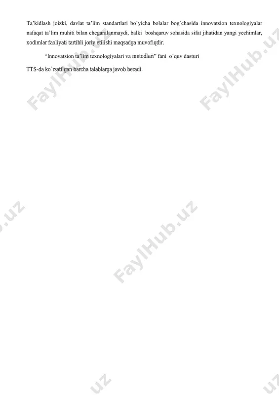 a innovatsion yondashuvnibilish; - jismoniytarbiyajarayonidainnovatsiontexnoligiyalardanfoydalanishni; - bo’smlar, sport seksiyalarivamttda bola sog`lig`inisaqlashnita’minlaydiganinnovatsiyalarni; - atrofolambilantanishtirishjarayonidainnovatsiontexnologiyalarniqo`llashni; - ta’limiyo`yinlarningturlarivao`tkazishinnovatsiontexnologiyalarini; - bo’smlar, sport seksiyalarivamttlardajismoniybarkamollikmalakalarinisahakllantirishbo`yichainn ovatsiontexnologiyalardanfoydalanishnibilishi; - bolalarningjismoniybarkamolliktushunchalarinishakllantirishdaqo`llaniladiganinno vatsiontexnologiyalarnibilishi; - bolaningijodiyrivojlanishsohalaribo`yichainnovatsiontexnologiyalarasosidatashkilq ilishvao`tkazish ko’nikmalar -o’quvchilar innovatsion ta’lim texnologiyalari bo`yicha bilimlarga ega bo’lishlari va ularni amalda qo`llay bilishlari kerak; - innovatsion ta’lim texnologiyalari asosida mashg`ulot va o`yinlarni tashkil qilishi va o`tkaza olishi kerak; - muammolivaziyatlardaninterfaolusullardanfoydalanibchiqib keta olishikerak; - davlattalablariasosidabolalarningturliyoshdavribosqichlariuchunmo`ljallanganjism onanyetukqilibvoyagayetkazishdagimeyoriyko`rsatkichlarinitahlilqilishnimustaqilb ajaraolishko`nikmalarigaegabo`lishikerak. - horijiydavlatlarningilg`orinnavatsionpedagogiktexnologiyalarinio`rganish; - ta’limjarayonidahorijiydavlatlarningilg`orinnavatsionpedagogiktexnologiyalariniq o`llash. o’quv rejaga muvofiq o’zaro bog’liq bo’lgan fanning nomi pedagogika maxsus fanlar o’qitishning tashkiliy shakli n-nazariy ta’lim a-amaliy ta’lim na- birgalikda tashkil etilgan nazariy va amaliy mashg’ulotlar dasturga qo’yilgan talab majburiy o’qitish tili guruhga tayinlangan dars tili asosida baholash tartibi joriy baholash tartibiga asoslanib o’quvchilarning bilim va ko’nikmalarini baholash og’zaki, yozma, test,individual vaamaliytopshiriqlar bajarish 2. o’quv dasturi mazmuni t/r mavzuning nomi mavzuning qisqacha mazmuni jami o’qitish ning tashkili y shakli must aqil ta’li m i-bo`lim. in