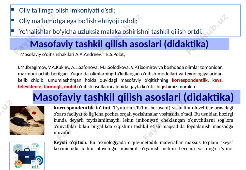 majbur bo'lmoqda . 9 masofali ta’limning xozirgi sharoitda tashkil etilishi web-dastur (moodle) orqali. ta’lim resurslari tizimga yuklanadi va bajarish uchun topshiriqlar beriladi. web-konferensiya. (zoom webex, ms teams google meet, mailcall programmalari orqali) chat texnologiya. telegram, whatsapp messendjerlari) foydalangan xolda mashg’ulot o’tkazish; video dars oraqali o’quv mashg’ulotlarining metodik materyallari orqali video va audio tayorlash va tizimga qo’yish. ndpi masofali ta’limni tashkil qilish yo’nalishlari 1. moodle tizimi orqali ta'lim jarayonini tashkil qilish. bunda tizimga fan bo'yicha asosiy resurslar: lektsiya, test, darslik, glossariy, taqdimotlarni kiritish va tizimni boshqarish; 2. telegramm messendjeridan har bir guruhlar kesimida kanallarni ochib, ta'lim resurclari- lektsiya, test, darslik, glossariy, videodarslarni joylashtirish; 3. xar bir fan bo'yicha imkoniyatdan kelib chiqib videodarslar ishlab chiqish; 4. fakul'tetlarda fanlarni vebinar va onlayn shaklda tashkil qilish (zoom va boshqa dasturlar orqali). 1. moodle imkoniyatlari · internet mavjud joyda kun davomida bilim olish imkoniga ega. · vaqt bo'yicha o’quvchi va o'qituvchiga keng imkoniyat yaratiladi. · …