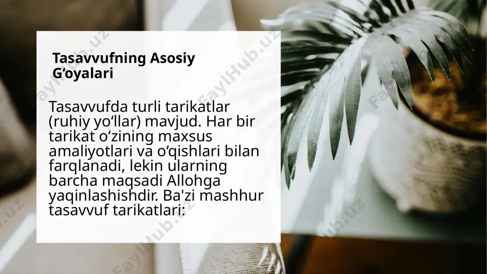 g asosiy g‘oyasi: allohga bo‘lgan muhabbat, sabr, va qalbni poklash orqali, inson nafaqat dunyoda, balki oxiratda ham mukammallikka erishadi. tasavvuf ta'limoti har bir insonni o‘z ichki olamiga sayohat qilishga, ruhiy yuksalishga va alloh bilan bevosita aloqaga chaqiradi. 9 e’tiboringiz uchun rahmat. 1-guruh 10 image1.jpeg image2.png image6.jpeg image5.png image7.jpeg image4.png /docprops/thumbnail.jpeg