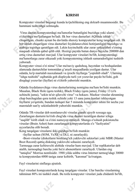 g birinchi vakili 1987 yilning oxirida quddus universitetida topildi; - tr viruslar guruhi - mazkur viruslar, taxminlarga ko'ra, bolgariyada ishlab chiqilgan. o'z navbatida bu guruh uch kichik guruhga bo'linadi. vacsine, "musiqali qayta yuklash" va "o'z-o'zini yeb qo'yuvchilar". ohirgi ikkitasini vankey doodle ham deb atashadi. - datacrime. bu guruh vakillari joriy yilning 12 oktyabrida faollashadi va a, v, c, d disklarda 8 sektorni ishdan chiqaradilar. - avenger guruhi. rce-1800, rce-1000 deb nomlanuvchi mazkur guruh katta zararlash imkoniyatiga ega. u nafaqat fayllarni bajarish chog'ida, balki uni o'qish va ochish vaqtida ham zararlaydi. bundan tashqari, bu toifadagi viruslar davriy ravishda sektorlardagi fayl va katologlarni yo'qotadi. vinchesterga matn xabarlarini yozadi. - island guruhi (icelandic). shu yerda ta'kidlash kerakki, datacrime va island guruhiga mansub viruslar hozircha bizning mamlakatimizda yo'q. boot viruslari fayl viruslaridan tubdan farq qiladi. boot viruslarining soni fayl viruslariga qaraganda ancha kam va shuningdek, ular sekinroq tarqaladi. fayl viruslari kabi ko'p tarqalgan boot …