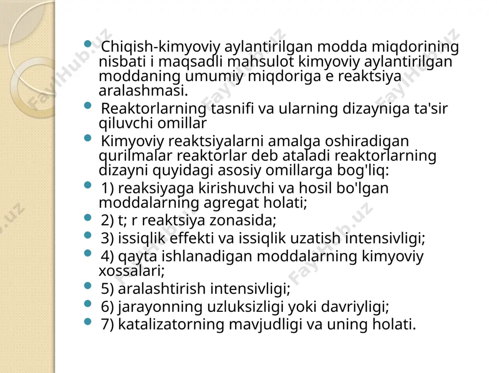 bilan qoplangan issiqqa chidamli g'isht bilan qoplangan. reaktorning pastki qismida gaz taqsimlovchi panjara-10 mavjud bo'lib, uning ustiga 8-12 qismli gorizontal panjara yoki panjara turi-9 joylashtirilgan. reaktorning o'rta qismida kontakt gazlarini tez sovutish (söndürme) uchun 12-bobin o'rnatilgan. reaktorning yuqori qismida kontakt gazni o'zi olib ketayotgan katalizator changining asosiy massasidan ozod qilish uchun siklon-2 o'rnatilgan. haddan tashqari qizib ketgan butak fraktsiyasining bug'lari! pechlar gaz taqsimlash panjarasi-10 ostiga, so'ngra seksiyali panjaralar-9 orqali reaktorning pastki zonasiga kiradi. pastki zonada, 570-600° c haroratda changli katalizatorning qaynoq qatlamida butan butilenga dehidrogenlanadi. lasan-12 da söndürüldükten va siklonlarda changdan tozalangandan so'ng, reaktorning yuqori qismidan taxminan 580° c haroratda bo'lgan kontaktli gaz utilizator qozoniga, so'ngra butan-butilen fraktsiyasini ajratish uchun yuboriladi. reaktorning yuqori qismidagi bosim taxminan 0,15 mpa ni tashkil qiladi. taxminan 500° c haroratda bo'lgan oksidlangan katalizator qaynab turgan katalizator qatlamining pastki qismidan reaktorning bug ' qismiga kiradi, u erda azot katalizatordan reaktsiya mahsulotlarini olib tashlash uchun beriladi. reaktorning …