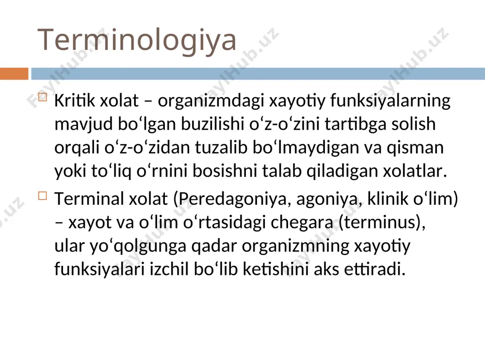 k ritmining o‘zgarishi, qon bosimi, miokard fibrillyasiyasi, emboliya va trombozlar. (sabab-havo almashinuvining buzilishi). asab tizimi: sekin o‘yg‘onish, talvasa, psixik buzilishlar (qo‘zg‘algan, amneziya), periferik nevritlar, parezlar, paralichlar. oshqozon-ichak trakti: qayt qilish. reanimatsiya organizmning o‘lish jarayoni fazalari preagoniya. xushning progressiv pasayishi bilan xarakterlanadi. gemodinamik o‘zgarishlar, taxikardiya, kuchsiz puls, q/b pasayishi, mikrotsirkulyasiyaning buzilishi, yuzaki nafas olish, ko‘pincha patologik nafas. terminal pauza. ko‘pincha qon ketishda bo‘ladi. preagoniya va agoniyaga o‘tish xolatida. ahvoli xushsiz. so2 bilan to‘lishganda kam nafas xarakatlari. agoniya. oksigenatsiyaning tiklanishi natijasida yurak faoliyati va nafas olishning ko‘payishi xarakterlidir. baliq tipidagi nafas olish. keyinchalik yurak faoliyati keskin pasayadi. klinik o‘lim. nafas olishi va qon aylanish to‘xtaydi. asosiy metabolik jarayonlar anaerob sharoitda saqlanib qoladi va keskin sekinlashadi. 3-5 minutgacha davom etadi. ushbu bosqich o‘tkir klinik o‘lim paytida barcha xayotiy funksiyalarni, shu jumladan miya ishini qayta tiklash imkoniyati mavjudligi bilan xarakterlanadi. reanimatsiya sotsial o‘lim (manaviy, diniy, fuqarolik) . bu avtonom funksiyalarni saqlab turganda miya funksiyasini …