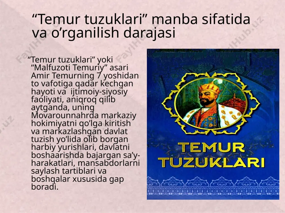 chirtirilgan. “ temur tuzuklari”da davlat boshqaruvining xususiyatlari. amir temur davlat boshqaruvida asosan 12 ta tabaqaga tayanib davlatni boshqargan. bular quyidagilar: sayyidlar, shayxlar,olimlar; ilmli kishilar; duogo’ylar; sipohlar, amirlar; askar va xalq omasi; maslahatgo’y, dono kishilar; vazirlar, kotiblar; tibbiyot ahli, munajjim, muhandislar; muhaddislar va muarrixlar; tasavvuf vakillari, oriflar; hunarmandlar va san’atkorlar; ajnabiy sayyoh va savdogarlar pirim abu bakr toyobodiy menga yozmishlarkim: abdulmansur( zafarmand) temur saltanat yumushlarida to’rt ishni qo’llasin, ya’ni, kengash mashvaratu maslahat xushyorligu mulohazakorlik ehtiyotkorlik. amir temur davlati markazlashgan davlat bo’lib, butun hokimiyat davlat boshlig’ining ixtiyorida bo’lgan. tadqiqotchilarning fikricha, amir temur davlatining boshqaruv asoslari shakllanishi rivojida kengashlar muhim rol o’ynagan. vaqti vaqti bilan muhim ijtimoiy-iqtisodiy, harbiy va siyosiy masalalarni hal qilishda katta va kichik kengashlar chaqirilib turilgan. katta kengashlar katta kengashlar tinchlik vaqtlarida samarqanddagi hukmdor saroyida chaqirilgan. unda oliy hukmdorning qarindosh urug’lari, ruhoniylar tabaqasi, bosh amirlar, beklarbegi, ulus, tuman hokimlari, mingboshilar, yuzboshilar, o’nboshilar, bahodir unvoniga ega bo’lgan harbiylar kabilar ishtirok etganlar. …