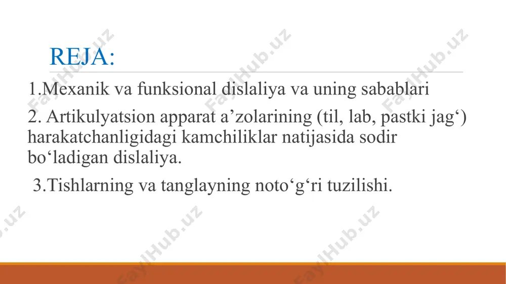 talaffuziga xalaqit beradi. tor, baland yoki past, yassi tanglay ko‘pchilik tovushlarning to‘g‘ri artikulyatsiyasiga imkon bermaydi. lablarining qalinligi ingichka va kam harakatchanligi ham lab va lab-tish tovushlarini aniq talaffuziga xalaqit beradi. funksional dislaliya va uning sabablari funksional dislaliyada pereferik nutq apparatining artikulyatsion qismida hech qanday organik buzilishlar, kamchiliklar kuzatilmaydi. dislaliya bolalarda taqlid asosida ham yuzaga ha yuzaga kelishi mumkin. tovushlar talaffuzi hali yetarli, to‘g‘ri shakllanmagan kichik yoshidagi bolalar bilan, tili chuchuk yoki noaniq, tez shoshib gapiradigan kishilar bilan doimo muloqatda bo‘lishi bola nutqiga salbiy ta’sir ko‘rsatadi. ko‘pincha bola oilada tovushlarni noto‘g‘ri talaffuz etuvchi kishi nutqiga taqlid etadi. bu esa funksional dislaliyaga sabab bo‘ladi. oiladagi ikki tillilik, pedagogik qarovsizlikham funksional dislaliyaga sabab bo‘ladi. bunda tovushlarga e’tibor bermaslik, boladagi kamchiliklarni to‘g‘rimasliklari, to‘g‘ri va aniq talaffuz namunalarini bermaslik hollari kuzda tutiladi. fonematik eshitishning yaxshi rivojlanmaganligi bolalarda tovushlar talaffuzidagi kamchiliklarni keltirib chiqaruvchi sabablardan biridir. bu holda tovushlar differensiyasi (tovushlarni farqlash) qiyinlashadi. bolalar asosan bir-biriga o‘xshash: …