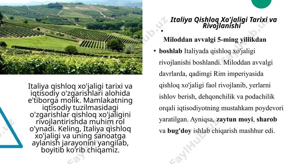 illigiga va mahsulotlarning sifatiga ta'sir qiladi. 04 iqtisodiy ahamiyati asosiy mahsulotlar italiya iqtisodiyotida muhim rol o'ynaydi, eksportga yo'naltirilgan mahsulotlar mamlakat daromadining katta qismini tashkil etadi. o'simliklar va ekinlar: italiya qishloq xo'jaligining o'ziga xos xususiyatlari. italiya qishloq xo'jaligi o'ziga xos ekinlar va o'simliklar bilan ajralib turadi. bu yerda pomidor, zaytun, uzum kabi mahsulotlar keng tarqalgan. shuningdek, mahalliy iqlim va tuproq sharoitlari, barqaror dehqonchilik amaliyotlari, o'ziga xos gastronomiya an'analari bilan birgalikda, italiyaning qishloq xo'jaligini rivojlantiradi. photo by markus winkler on unsplash mintaqaviy farqlar: italiya qishloq xo'jaligi va uning turli hududlardagi ekinlari. 1 janubiy italiya janubiy italiyada zaytun, pomidor va sitrus mevalari yetishtiriladi. bu hududning iqlimi va tuprog'i bu ekinlar uchun juda qulaydir. 2 shimoliy italiya shimoliy italiyada don va sabzavotlar, masalan, makkajo'xori va burg'ul ekinlari ko'p yetishtiriladi. bu mintaqa sanoat va qishloq xo'jaligining rivojlanishi bilan tanilgan. 3 markaziy italiya markaziy italiyada vino ishlab chiqarish yetakchi o'rinda. bu yerda sangiovese va montepulciano kabi …