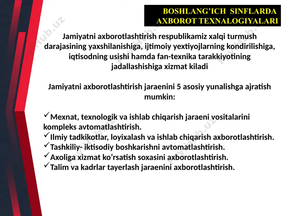 chun turli didaktik materiallar to‘plamidan foydalanib, ko‘rgazmali-mashq, nazorat-mashqlari va test sinovlari modullari kiritilgan aralash kompyuter dasturlarini tayyorlash mumkin. unga fanga oid qoidalarni joriy o‘rganish va umumlashtirilgan takrorlash uchun uchta variantlarda berilgan grammatika-orfografik mavzular bo‘yicha boy va turli-tuman materiallardan foydalanish yaxshi samara beradi. boshlang‘ich sinf o‘quvchilari uchun yaratilgan elektron darslik, qo‘llanma va taqdimotlardan o‘quv jarayonida keng foydalanilmoqda. o‘qish, ona tili, matematika va tabiatshunoslik fanlarini o‘qitishda axborot texnologiyalari yordamida turli xil ko’rgazmali slaydlardan dars jarayonlarida foydalanish mumkin. masalan: o‘qish va ona tili fanlarida katta ekranda harflarni, so‘zlarni bir-biriga qo‘shib o‘qish, so‘ngra kichik ertak va hikoyalarni o’qish, harflarni to‘g‘ri va chiroyli yozish; matematika fanida oddiy amallardan foydalanib, slaydlar yordamida masalalar yechish, turli xil hisob-kitobli o‘yinlar tashkil qilish; tabiatshunoslik fanidan tabiatdagi hodisalar haqidagi sodda slaydlar yordamida tushunchalar berish mumkin. ushbu usullardan foydalanish yosh va bilimga chanqoq o‘quvchining og‘zaki nutqini rivojlanishiga, og‘zaki hisoblash malakasini oshishiga, ijodkorlik, izlanish va fikrlash qobilyatini rivojlanishiga turtki bo‘ladi. boshlang’ich sinflarda …