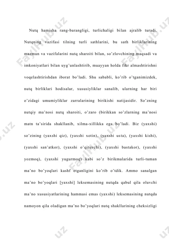 na] leksemasi bir-biridan mutlaqo farqlanuvchi ikki leksik guruhdan joy olgan. aniqrog’i, [tana] leksemasi birinchi, ya’ni sigir bolasini yosh jihatdan tavsiflovchi, ifodalovchi leksemalar qatorida «bir-ikki yoshli urg’ochi buzoq» mazmuni bi​lan qatnashgan. ikkinchi qatorda esa u «gavdaning bosh va qo’l-oyoqdan boshqa qismi» mazmuniga ko’ra «odam vujudining a’zolari» leksik tizimidan joy olgan. 1) [yoz] —[qish] —[bahor] —[ko’z]; 2) [yoz]-[chiz]-[bo’ya]; 3) [yoz] — [yoy] — [och] — [to’sha] — [tashla]. yuqoridagilardan ko’rinib turibdiki, [yoz] leksemasi uchta alohida-alohida lek​sik qatorlarda ishtirok etgan. demak, bunday hollarda uchta mustaqil, ammo shaklan bir xil bo’lgan [yoz] leksemalari yuzasidan tahlil jarayonining olib borilayotganligi ma’lum bo’ladi. ayni vaqtda biz bu leksemalarni: [yoz i], [yoz ii], [yoz iii] shakldosh (omonim) leksemalar sifatida qayd etamiz. lekin shaklan bir xil, mazmunan har xil leksemalarning turlicha leksik paradigmalardan o’rin egallay olishi ularning shakldoshligini (omonimligini) to’la isbotlay olmaydi. shunga ko’ra mustaqil leksemalarni ajratishda hal qiluvchi omil sifatida ularning qurshovi (distributsiyasi) xizmat qiladi. qurshov leksema qo’shnichilik …