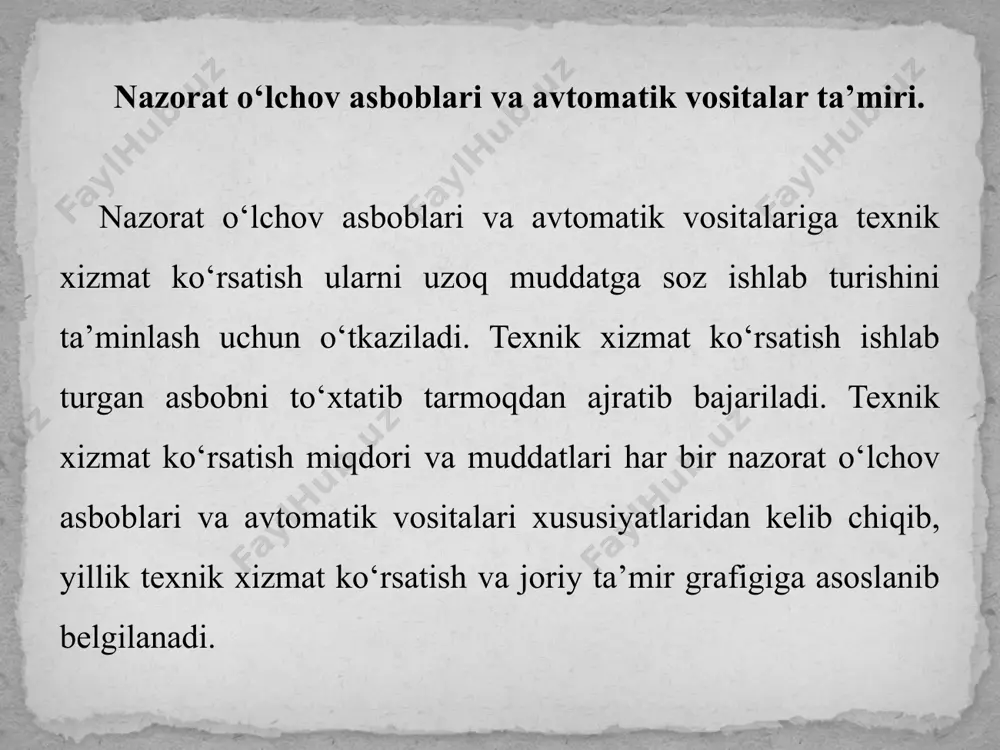 ko'rish sozlash jarayonida bajariladi va tegishli tashkilot bo‘limlari tomonidan amalga oshiriladi. ishlatib ko‘rishdan (obkatka) maqsad mashina mexanizmlar va asbob- uskunalarni ishqalanuvchi detallarini, harakatdagi qo‘ndirmalarni-o‘tkazishlarni yurgizib olish, agregatlar va ularning qismlarini mahkamlanish holatini harakatda tekshirishdir. rejali texnik xizmat ko‘rsatish bajarilish muddatlari va mazmuniga qarab ajratilgan, kundalik va davriy jarayonlar kompleksidan iborat bo‘ladi. 5 kundalik texnik xizmat ko‘rsatish texnologik kartalar yoki elektr uskunalar ekspluatatsiyasi bo‘yicha yo‘riqnomalarga asoslanib, bevosita ularning o‘rnatilgan joylarida bajariladi. kundalik texnik xizmat ko‘rsatish quyidagilarni o‘z ichiga oladi: ustki qismini artish-tozalash yoki yuvish; quvurlar zichlanish joylaridan oqgan suv - moyni artib olish; zichlanishlarni mahkamlanishini tekshirish. nazorat o‘lchov asboblari va avtomatik vositalarining ifloslanib qolishi ularni yemirilishiga (korroziyasiga) va ish ko‘rsatkichlarining yomonlashuviga olib keladi. o‘tirib qolgan chang qatlami namlanishi oqibatida elektr o‘tkazuvchi bo‘lib qolib avariyaga olib kelishi mumkin. haroratni nazorat qiluvchi o‘lchov asboblari va avtomatik vositalarini qoplagan chang uning ko‘rsatishlarida xatolikka olib kelishi mumkin. oynasi xiralashib ko‘rsatishlar xatolik bilan qayd qilinishi mumkin. …