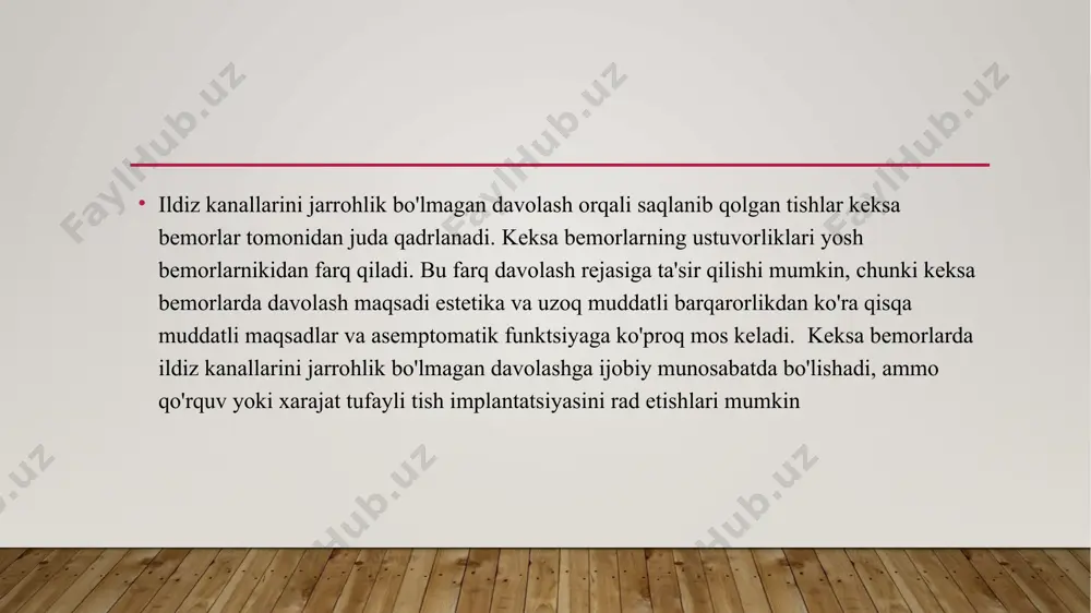 kanallar, kattaroq murakkab restavratsiyalar va vaqti-vaqti bilan bemorning vaqti va jismoniy cheklovlari. ular davolanishni rejalashtirishda hisobga olinishi kerak va bemorni, generalistni yoki endodontistni kim davolash kerakligi haqidagi qarorga ta'sir qiladi muolajalar ko'rsatilsa va qariyalarda, jumladan, endodontik jarrohlik va oqartirishda to'g'ri bajarilsa, bir xil darajada muvaffaqiyatli bo'ladi. muayyan tizimli yoki tibbiy kontrendikatsiyalar bo'lmasa, jarrohlikdan voz kechish uchun hech qanday sabab yo'q. jarrohlik ham, ildiz kanalini davolash ham odatda ekstraktsiyadan ko'ra afzalroq bo'lib, kamroq to'qimalar va hissiy jarohatlar yaratadi. keksa bemor endodontik muolajalardan foydalanish huquqiga ega va ularga ijobiy javob beradi. endodontiya bu tish bo'shlig'i anatomiyasi, patologiyasi va davolash usullari haqidagi fandir.endodontik davolash- bu tishni saqlashga qaratilgan chora- tadbirdir. quyida endodontik davolash bosqichlarini ko'rib chiqaylik: 1. pulpaning hayotiyligini baholash: haroratli tasirovchilar bolganda sezgirlik va odontometriya korsatkichlar baxolanadi. 2. dastlabki rentgen tekshirish:a) pulpa holatini dastlabki tashxislash usuli b) periodontda bo'lgan o'zgarishlarni baholash;v) ildiz kanali uzunligini taxminiy baholash; g) ildiz kanali egriligi radiusini aniqlash; …