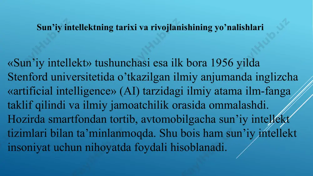 . xx asrning 90 yillari bir qancha fan soxalari bo’yicha maxsus dasturlarni yaratish uchun katta xajmli yuqori sifatli maxsus bilimlarni qo’llanishi bilan xarakterlanadi. iqtisodiyotda ekspert tizimlaridan (et) foydalanish. ma’lum fan sohasidagi sun’iy intelekt tizimi ekspert deb ataladi. et – bu aniq fan soxasidagi mutaxassislarning bilimlari to’plovchi va kam ixtisoslashgan foydalanuvchilarga konsultatsiya uchun empirik tajribasini tirajlashtirvchi (nusxasi yozish) murakkab dasturlar kompleksi et uchun bilimlarni qabul qilishda shu fan soxasidagi ekspertlar xizmat qiladi. etning asosiy xususiyatlari: 1. et masalani echish uchun yuqori sifatli tajriba va bilimni qabul qiladi; 2. etdagi bilimlar doim to’planib va yangilanib boriladi; 3. et oldindan aytib berish qobilyatiga ega bo’ladi. 4. et ishchilarga va mutaxassislarga o’quv qo’llanmasi sifatida foydalanilishi mumkin. 5. etni loyixalashda va ishlab chiqish jarayonida quyidagi qatnashuvchilarni aytib o’tish mumkin: 6. etni loyixalash instrumental muxitini ishlab chiquvchilar; 7. etni yaratishdagi instrumental muhit (im); 8. etning o’zi; 9. ekspert; 10. bilimlar injeneri va bilimlar bazasi (bb) administratori; …