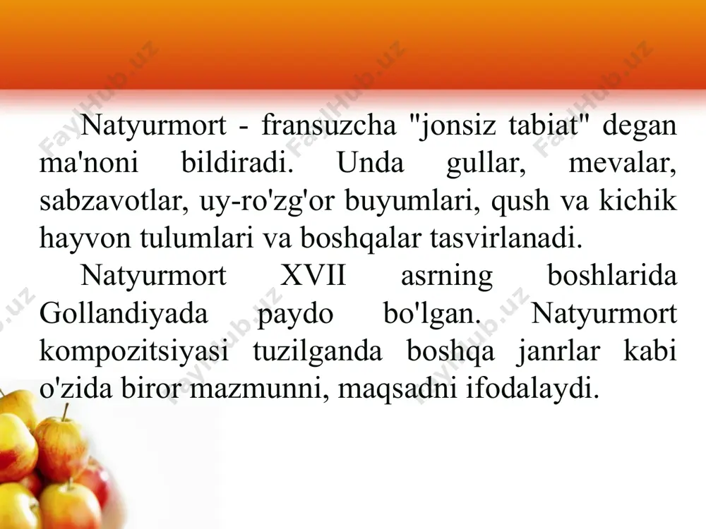 iladi. undagi buyum va narsalarning yorug' soyasi, refleksi, tushuvchi soyasi, blik qismi, yarim soyasi grafikada yoki rangda tasvirlanib, ularning hajmi ko'rsatiladi. natyurmort asliga o'xshashi uchun, chizilayotgan rasmning asli bilan rangi, shakli va yorug' soyasini tez-tez solishtirib turish kerak. 94-rasm. qudratilla mirahmedov. "chinni choynakli va milliy ko'zachali natyurmortlar" 19-amaliy mashg'ulot silindr va piramidadan tuzilgan natyurmort eskizini ishlash takrorlash uchun savollar: natyurmort atamasi qanday ma'noni bildiradi? natyurmort qachon va qayerda pay do bo'lgan? natyurmort kompozitsiyasi qanday tuziladi? natyurmortdagi hajm qanday ko'rsatiladi? "chinni choynakli va milliy ko'zachali natyurmortlar“ kim tomonidan ishlangan? "bahorgi ishlar" mavzusida sujetli kartina eskizini ishlash 3-nazorat ishi nazorat ishini bajarish uchun sujetli kartina yaratish mavzusi bo'yicha olgan bilimlaringizni hamda "bahorgi ishlar" mavzusida ishlagan sujetli kompozitsiya eskizlaringizni eslang. dalalarda, mahallalarda, tomorqalarda, hovlilarimizda bahor arafasi amalga oshiriladigan ishlar asosida eskizlar ishlang. eskizlarda mehnat jarayonini, obrazlar harakatini aks ettiring. sujetli kartina kompozitsiyasini tuzishda qisqa vaqtda bajariladigan xomaki rasmlar chizish qoidalariga suyangan holda tasvirlang.