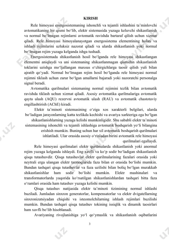 smi to‘g‘risida ma’lumotlarga ega bo‘lish, ularni ishlatish buyicha ko‘nikmalar hosil qilishdir.ushbu fandan kurs ishini bajargan talabalar releli himoya, avtomatika va telemexanika qurilmalarining tarkibiy qismlarini elektr ta’minoti tizimlarida qo‘llash, ularni ulanish sxemalarini qurish, sxemalardagi o‘rnatma qiymatlarini hisoblash uchun zarur bilimi va ko‘nikmalarga ega bo‘lishlari kerak. releli himoya, avtomatika va telemexanika moslamalarining vazifalari, ularning tarkibiy qismlari va funksional qismlari bilan tanishish, himoya qurilmalariga quyiladigan asosiy talablarni va ishlash prinsiplarini bilishdan iborat. ettning rh va a fanidan kurs ishining maqsadi rh va a qurilmalarini hisoblash va parametrlarini tanlashga doir texnikaviy masalalarni mustaqil еchish va loihalarni bajarish bo‘yicha ko‘nikmalarga ega bo‘lishga yordam berishdan iborat. rele himoyasining asosiy elementi bo‘lib maxsus apparat rele hisoblanadi. ayrim hollarda uzgich va himoya bitta himoya va kommutatsiya qurilmasida birlashtirilgan bo‘ladi, masalan eruvchan saqlagich ko‘rinishida. neytrali еrdan izolyatsiyalangan yoki yoy so‘ndiruvchi reaktor orqali еrga ulangan elektr tarmoqlarida bir fazali еrga tutashuv qisqa tutashuv bo‘lib hisoblanmaydi, yaoni katta toklarning hosil bo‘lishi …