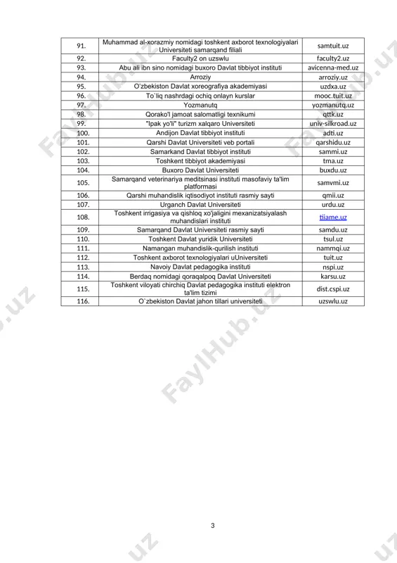 shkent davlat stomatologiya instituti tsdi.uz 68. toshkent vrachlar malakasini oshirish instituti tipme.uz 69. navoiy davlat konchilik instituti ndki.uz 70. qo'qon davlat pedagogika instituti qdpi.uz 71. toshkent axborot texnologiyalari universiteti, nukus filiali tatunf.uz 72. toshkent moliya instituti elektron kutubxonasi sayti el.tfi.uz 73. мир араб олий мадрасасининг расмий mirarab.uz 74. samarqand veterinariya meditsinasi instituti nukus filial samvmi.uz 75. farg'ona politexnika instituti rasmiy sayti ferpi.uz 76. toshkent davlat agrar universiteti tdau.uz 77. toshkent irrigatsiya va qishloq xo’jaligini mexanizatsiyalash muhandislari instituti buxoro filiali tiiamebb.uz 78. islom karimov nomidagi toshkent davlat texnika universiteti olmaliq filiali tdtuof.uz 79. ўзбекистон республикаси президенти ҳузуридаги давлат бошқаруви академияси dba.uz 80. тошкент давлат юридик университетининг ихтисослаштирилган филиали sbtsul.uz 81. toshkent davlat milliy raks va xoreografiya oliy maktabi mrxom.uz 82. toshkent tibbiyot akademiyasi termiz filiali ttatf.uz 83. toshkent tibbiyot akademiyasi farg’ona filiali ttaff.uz 84. beruniyalimov.uz - beruniy alimovning mualliflik sayti beruniyalimov.uz 85. toshkent farmasevtika instituti pharmi.uz 86. milly matematika mathnet.uz 87. …
