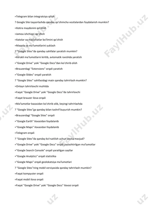 avtomatik ravishda o'zgartirish =har bir o'zgartirishdan keyin yangi versiyani yaratish ="google drive" yoki "google docs"da tahrirlovchi =ma'lumotlar bazasidan foydalanib, avtomatik ravishda o'zgartirish ? google qidiruv buyruqlaridan qaysi bittasini ishlatish orqali tanlangan ma'lumotlarni qidirish mumkin? =site: =info: =define: =link: ? qanday buyruq orqali belgilangan so'zdan biror bir xabarni qidirish mumkin? =intext: =inpage: =within: =paragraph: ? belgilangan veb-saytdan linklar to'plab olish uchun qaysi buyruqni ishlatish kerak? =gather: =collect: =link: =acquire: ? "google"da qanday so'zdan foydalanib boshqa so'zlarni aniqlash mumkin? =related: =linked: =synonym: =connect: ? google qidiruv natijalarini qaysi boshqaruv vositasida ko'rish mumkin? =google search console =google drive =google analytics =google maps ? google qidiruvda chet tillarda izohlar qo'shish uchun qaysi buyruqdan foydalanish mumkin? =comment: =explain: =translate: =annotate: ? google qidiruvda qanday buyruq orqali maqola va fayllarni biron-bir veb-saytdan qidirish mumkin? =filetype: =find: =locate: =identify: ? qidiruvda qanday buyruq orqali ma'lumotlar qatorlari ichidan so'zlarni tanlash mumkin? =intitle: =inheading: =headline: =title: ? qanday buyruq …