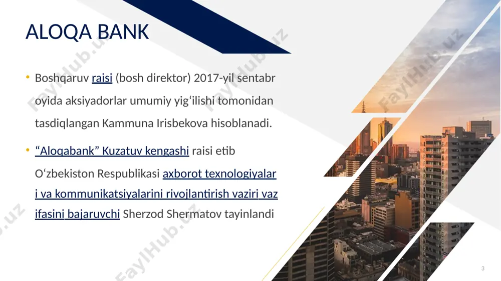 а ↑ „ак «алокабанк» — о банке“. 9-avgust 2016-yilda asl nusxadan arxivlandi. qaraldi: 5-avgust 2016-yil. ↑ https://www.aloqabank.uz/uz/about ↑ oʻzme. birinchi jild. toshkent, 2000-yil ↑ „global banking & finance awards-2021 jahon bo‘yicha yetakchi moliya tashkilotlarning reytingini eʼlon qildi. - depozit.uz“ (19-may 2021-yil). qaraldi: 31-avgust 2022-yil. ↑ https://depozit.uz/partners/banks/aloqa-bank ↑ https://depozit.uz/news/zoomrad-monitoring-xizmati-bepul-ilova 19 aloqa bank e’tiboringiz uchun rahmat 20 fr 20 image1.png image2.jpg image3.jpg image4.jpg image5.png image6.png image7.png image8.jpeg image9.jpeg image10.jpeg image11.jpeg image12.png image13.jpeg image14.png image15.jpg image16.jpg image17.jpg