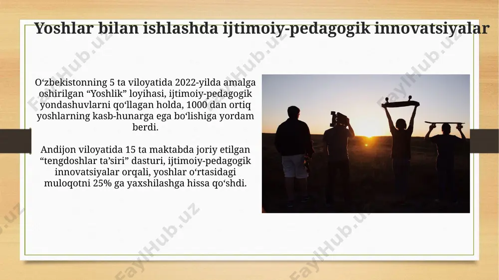 n dasturlarni yaratishda muhim ahamiyatga ega. toshkent shahridagi 3 ta maktabda amalga oshirilgan ijtimoiy-pedagogik innovatsiyalar natijasida o'quvchilarning maktabga qatnash darajasi 15% ga oshdi, bu uzoq muddatli barqarorlikka yo'naltirilgan samarali yondashuvdir. hamkorlik va jamoaviy ishlash toshkent shahridagi 10 ta maktabda o‘tkazilgan tadqiqotlar shuni ko‘rsatdiki, jamoaviy ishlashga asoslangan 5 ta yangi dastur yoshlarning o‘zaro munosabatlarini 15% yaxshiladi va ijtimoiy moslashuvchanlikni kuchaytirdi. farg‘ona viloyatida 25 ta yoshlik guruh bilan olib borilgan eksperiment natijalarida, hamkorlik va jamoaviy ishlashga yo‘naltirilgan 2 ta innovatsion uslub yoshlarning muammolarni hal qilish qobiliyatini 30% ga oshirdi. muammolarni hal qilishga yo'naltirilgan loyihalar samarqanddagi 3 ta maktabda o'tkazilgan "birgalikda o'rganamiz" loyihasi o'quvchilarning o'quv jarayonidagi qiyinchiliklarini aniqlash va ularni samarali hal qilishga yo'naltirilgan 5 bosqichli ta'lim dasturini taklif qildi. toshkent shahrida amalga oshirilgan "yashil shahar" loyihasi doirasida 200 dan ortiq yosh atrof-muhit muammolarini aniqlash va ularni hal qilish bo'yicha 5 ta turli strategiyani ishlab chiqdi va sinovdan o'tkazdi. natijalar va ta'siri toshkent …