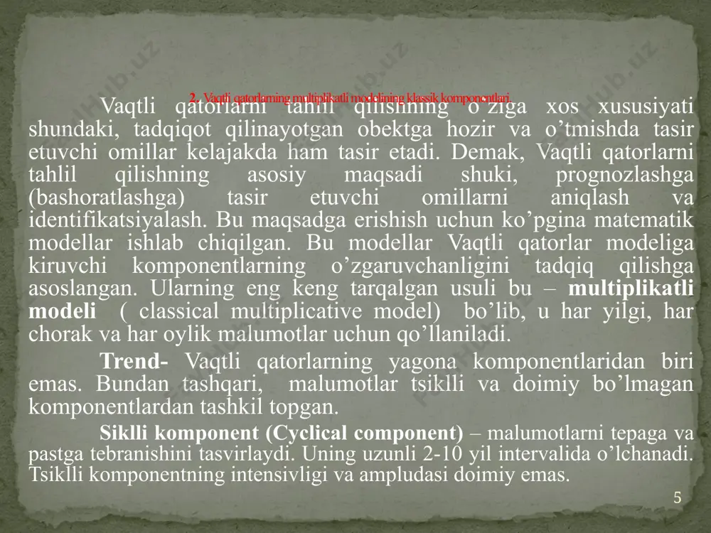 ija yana 5ga bo’linadi: ma (5)=y2+y3+y4+y5+ y6 ikkinchi o’rtacha 5 bunday jarayon oxirgi 5 yil uchun o’rtachani aniqlaguncha davom etadi. aniqlanayotgan yil uchun sirg’aluvchi o’rtacha-davr oralig’ining o’rtasida joylashishi lozim. agar yillarning umumiy soni 11 ga teng bo’lsa l = 5 ga teng 11 3.2. eksponentsial silliqlash malumotlarning o’zgarishini xarakterlovchi uzoq vaqtli tendentsiyalarni aniqlashda sirg’aluvchi o’rtachalardan tashqari, eksponentsial silliqlash (exponential smoothing) usulidan ham kent foydalaniladi. shuningdek , bu usul yordamida qisqa prognozlarni amalga oshirish mumikin. shu jihati bilan bu usul sirg’aluvchi o’rtachalardan ustun turadi. eksponental silliqlash usuli o’z nomini sirg’aluvchi o’rtachalarni eksponental vaznlash (o’lchash) oqibatida olgan. ko’rsatkich bu davomiylikdagi har bir ko’rsatkich yani kuzativ mohiyati oldingi kuzatilgan mohiyatlardan (ko’rsakichlardan) kelib chiqadi. eksponental silliqlash usulining yana bir ustunlik jihati shundaki, oxirgi kuzatuv natijalaridan foydalanilganda, bazi mohiyatlar yani ko’rsatkichlar tushirib qoldiriladi. vaznni (hajm-ves) eksponental silliqlashda orttirilgan kuzatuv mohiyati (ko’rsatkichi) vaqt o’tishi bilan yo’qoladi, shuning uchun aniqlash davrida eng ko’p uchraydigan ko’rsatkich- katta vaznga …